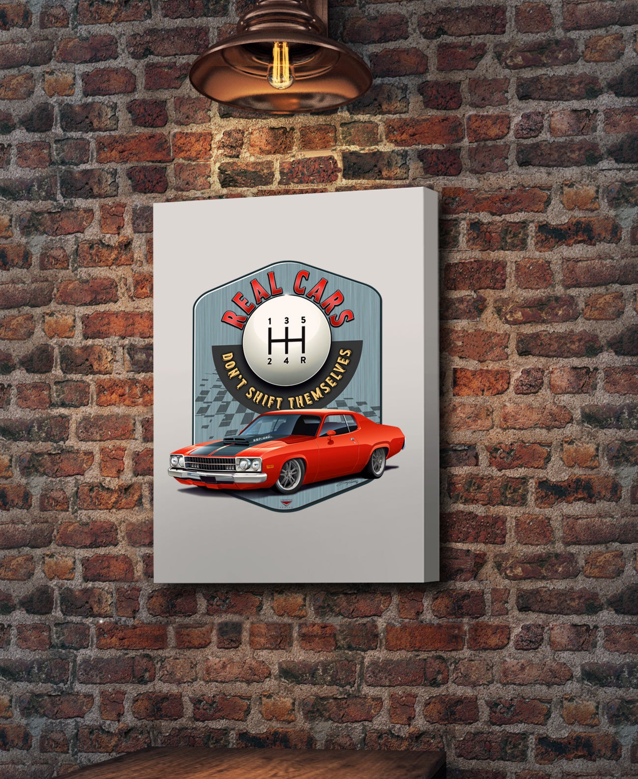 "Real Cars Don't Shift Themselves" ’73 Plymouth Satellite Wall Canvas Art, Deluxe Portrait Canvas 1.5in Frame
