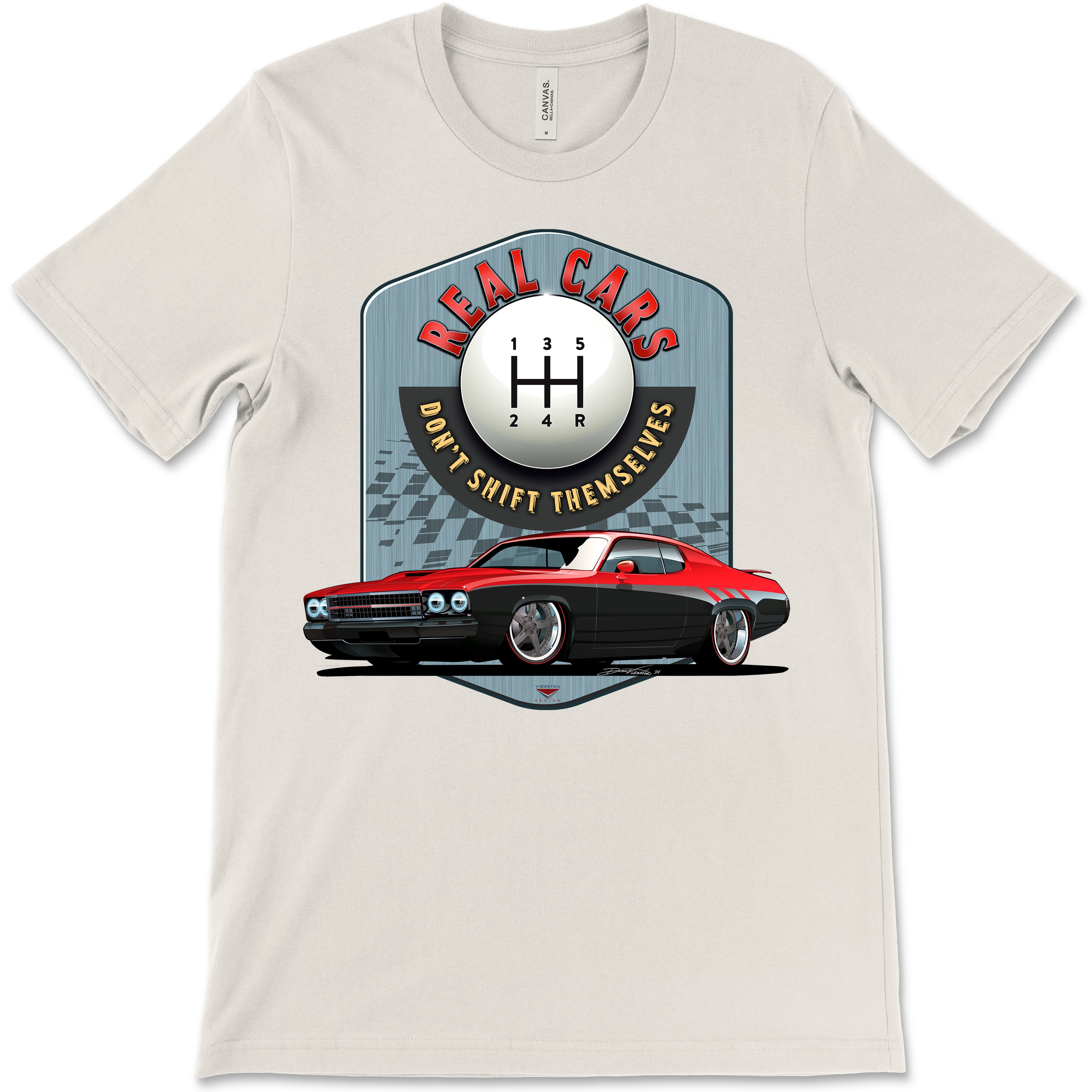 Real Cars Don’t Shift Themselves! '73 Plymouth Roadrunner Bella+Canvas Unisex Short-Sleeve T-Shirt (Front Design)