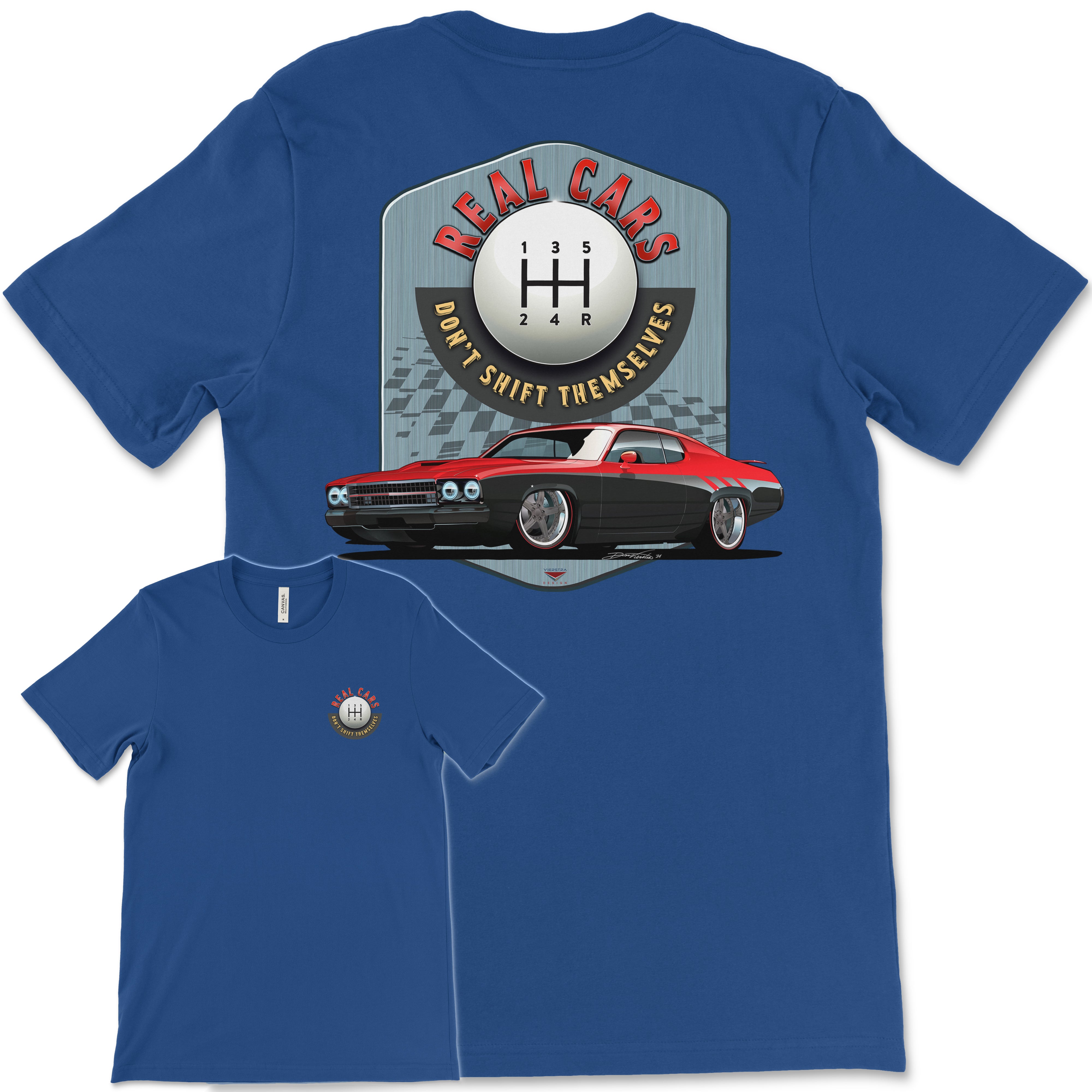 Real Cars Don’t Shift Themselves! '73 Plymouth Roadrunner Bella+Canvas Unisex Short-Sleeve T-Shirt (Back Design)