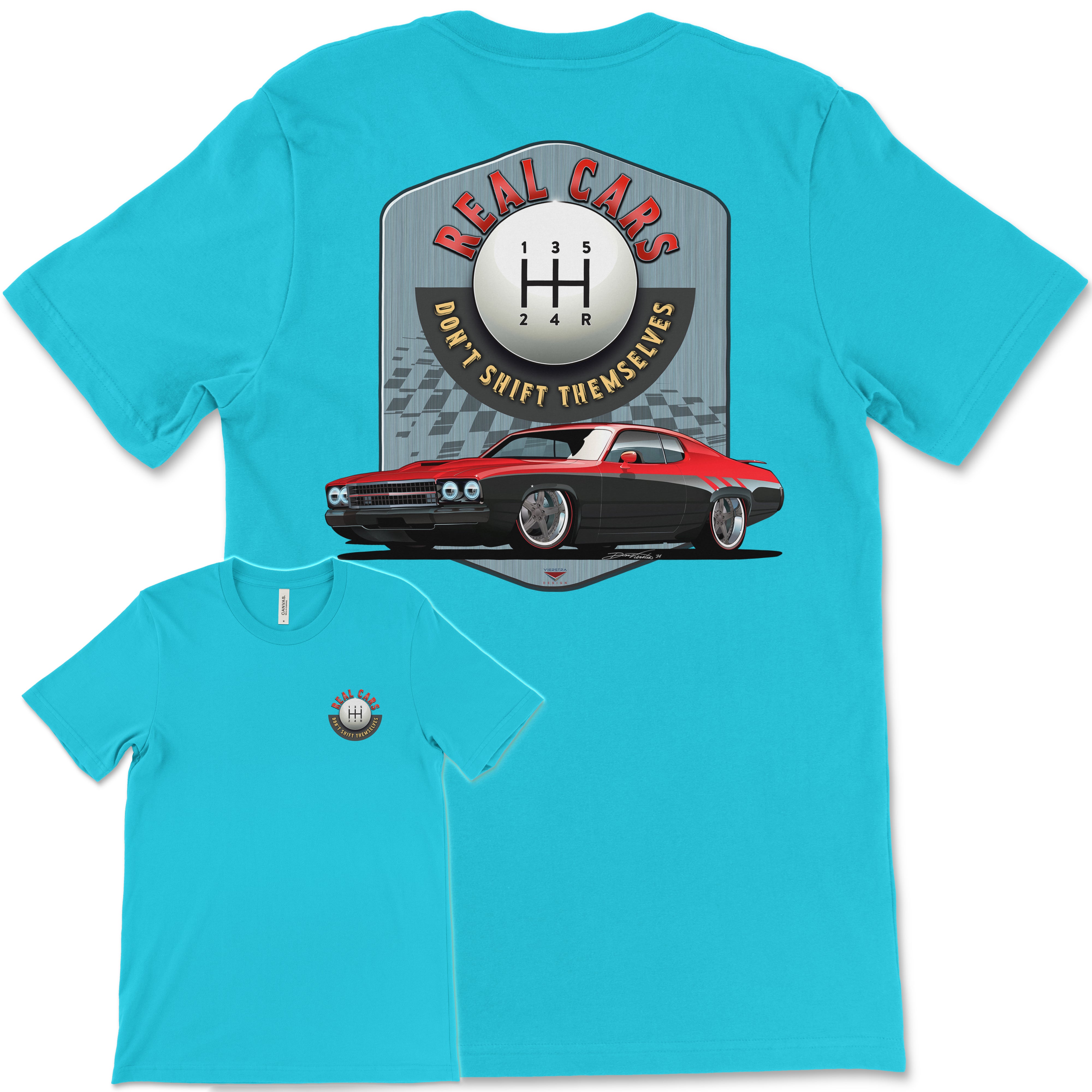 Real Cars Don’t Shift Themselves! '73 Plymouth Roadrunner Bella+Canvas Unisex Short-Sleeve T-Shirt (Back Design)