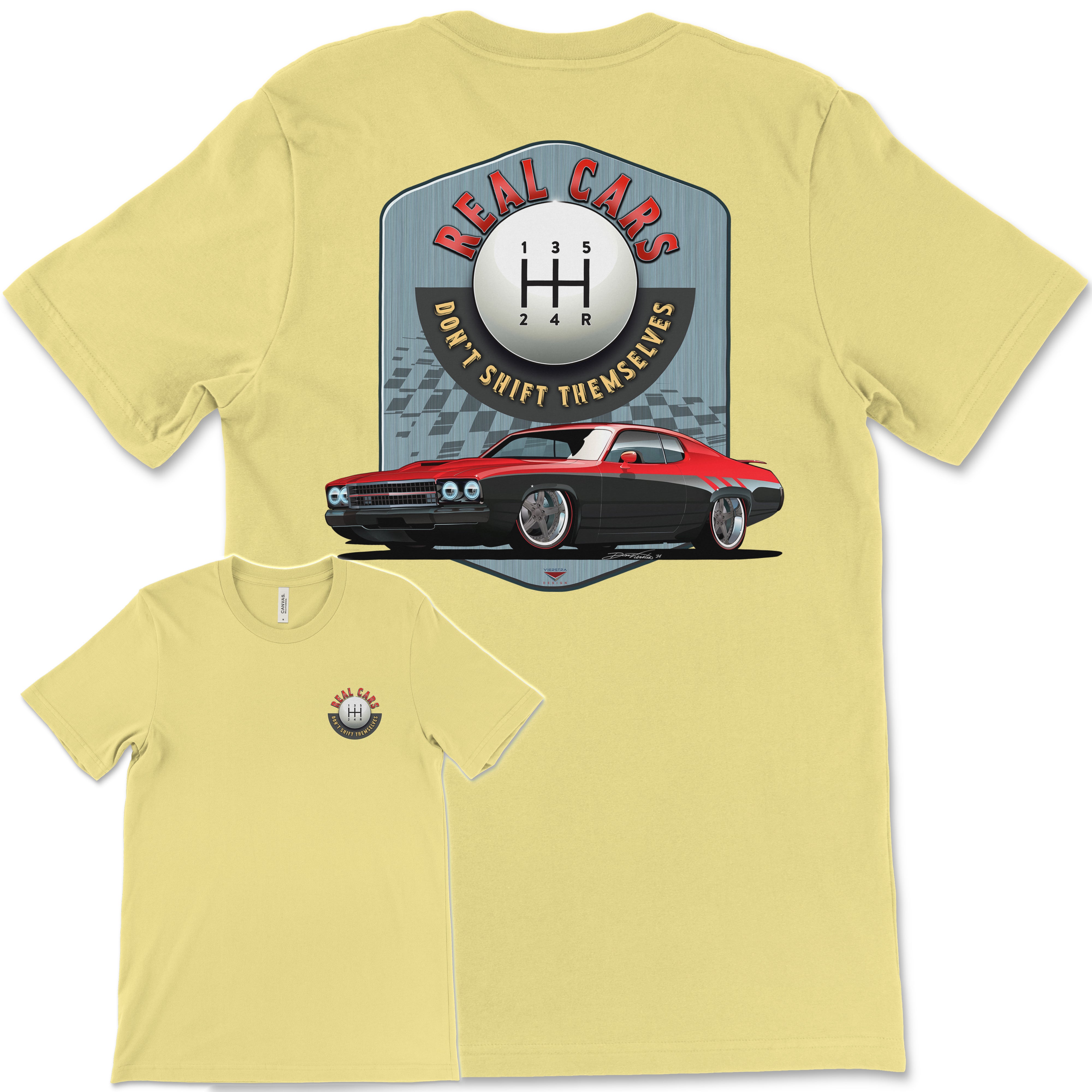 Real Cars Don’t Shift Themselves! '73 Plymouth Roadrunner Bella+Canvas Unisex Short-Sleeve T-Shirt (Back Design)