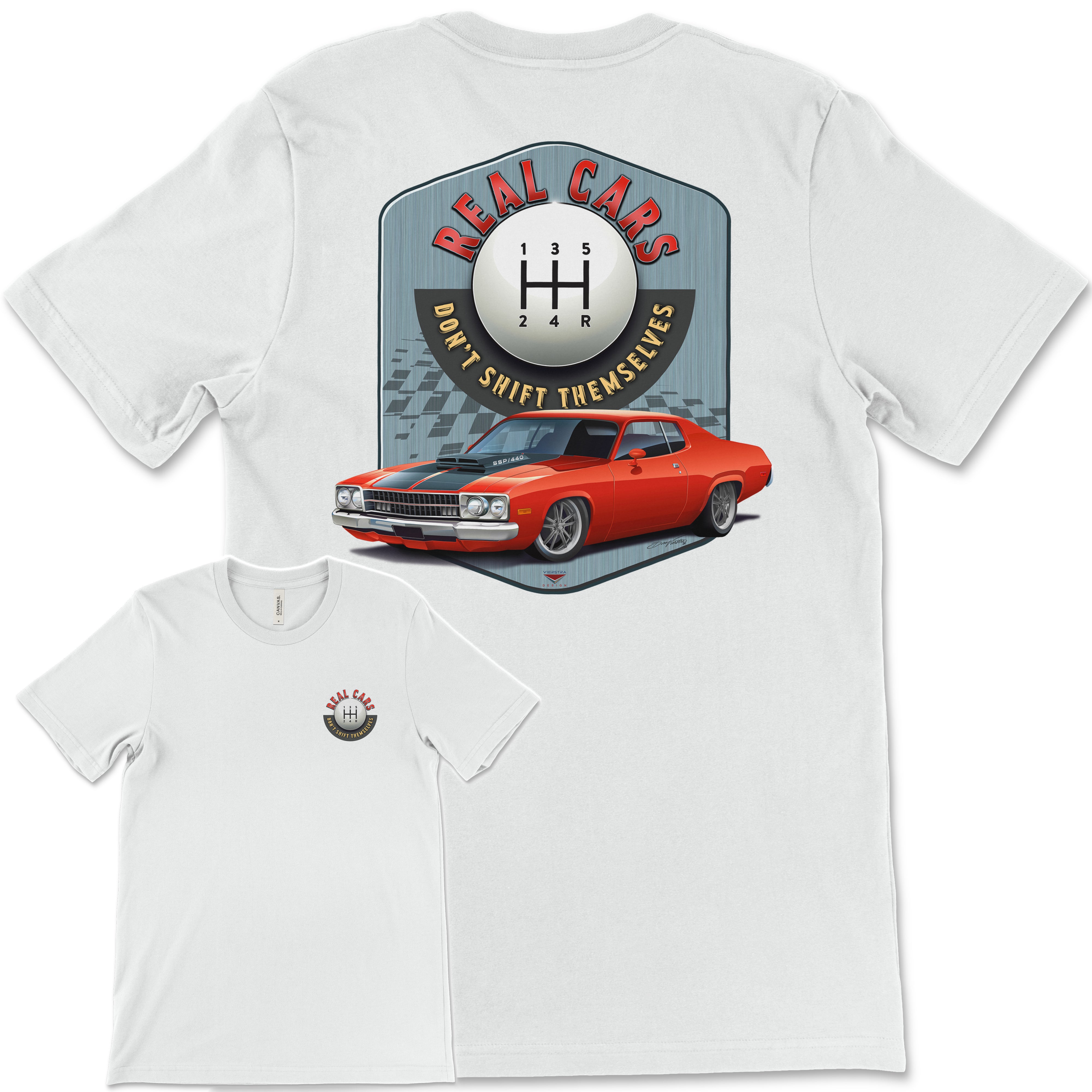 Real Cars Don’t Shift Themselves! '73 Plymouth Satellite Bella+Canvas Unisex Short-Sleeve T-Shirt (Back Design)