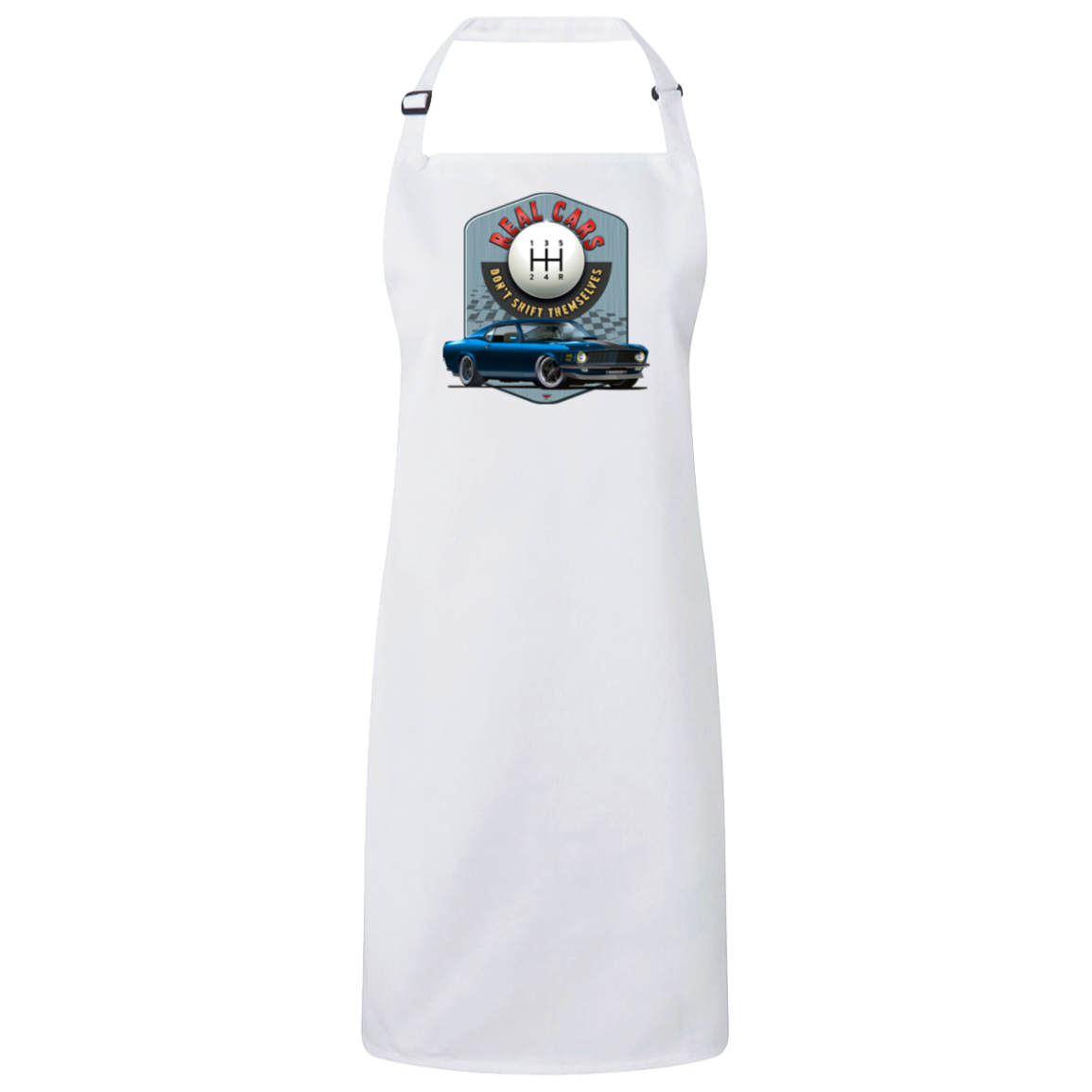 "Real Cars Don't Shift Themselves" ’70 Ford Mustang Sustainable Unisex Cooking Bib Apron