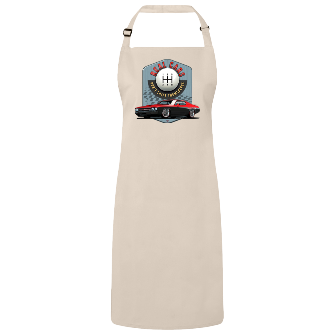 "Real Cars Don't Shift Themselves" ’73 Plymouth Roadrunner Sustainable Unisex Cooking Bib Apron