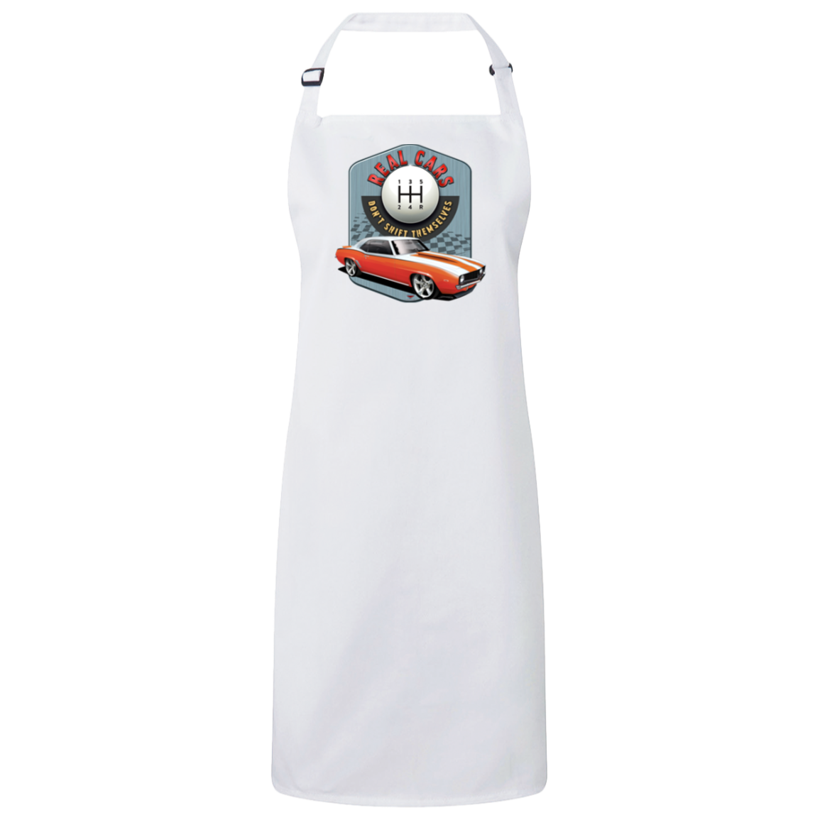 "Real Cars Don't Shift Themselves" ’69 Chevy Camaro Sustainable Unisex Cooking Bib Apron