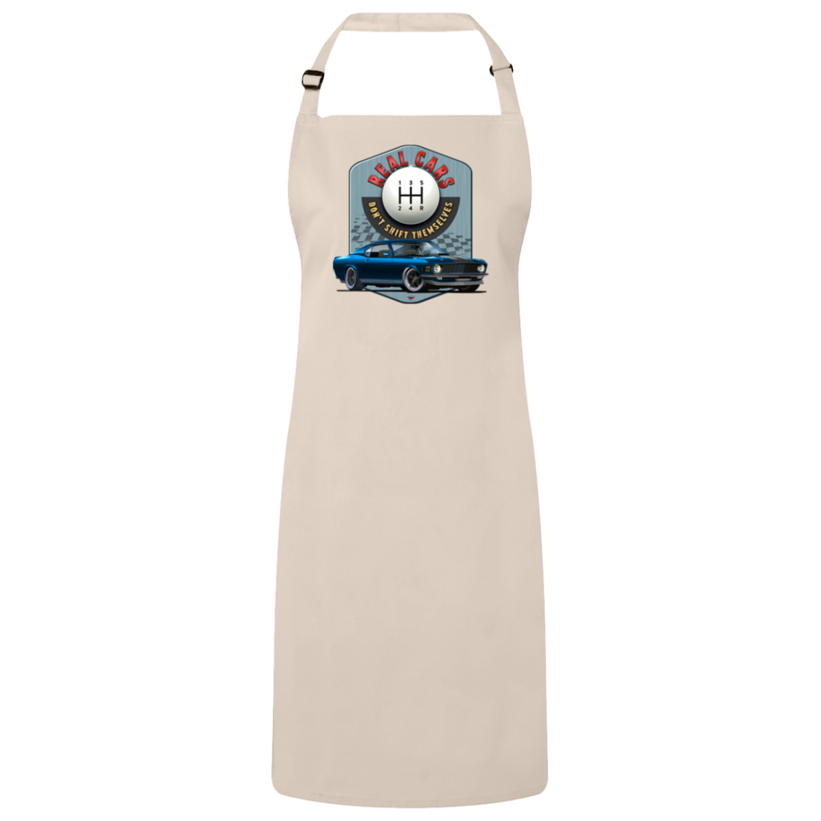 "Real Cars Don't Shift Themselves" ’70 Ford Mustang Sustainable Unisex Cooking Bib Apron