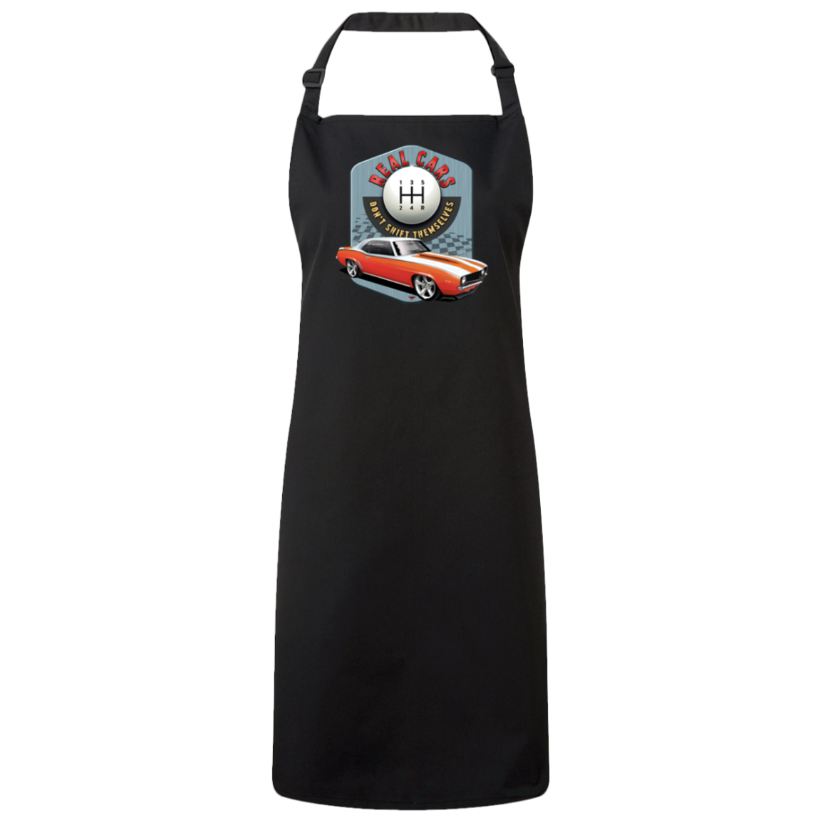"Real Cars Don't Shift Themselves" ’69 Chevy Camaro Sustainable Unisex Cooking Bib Apron