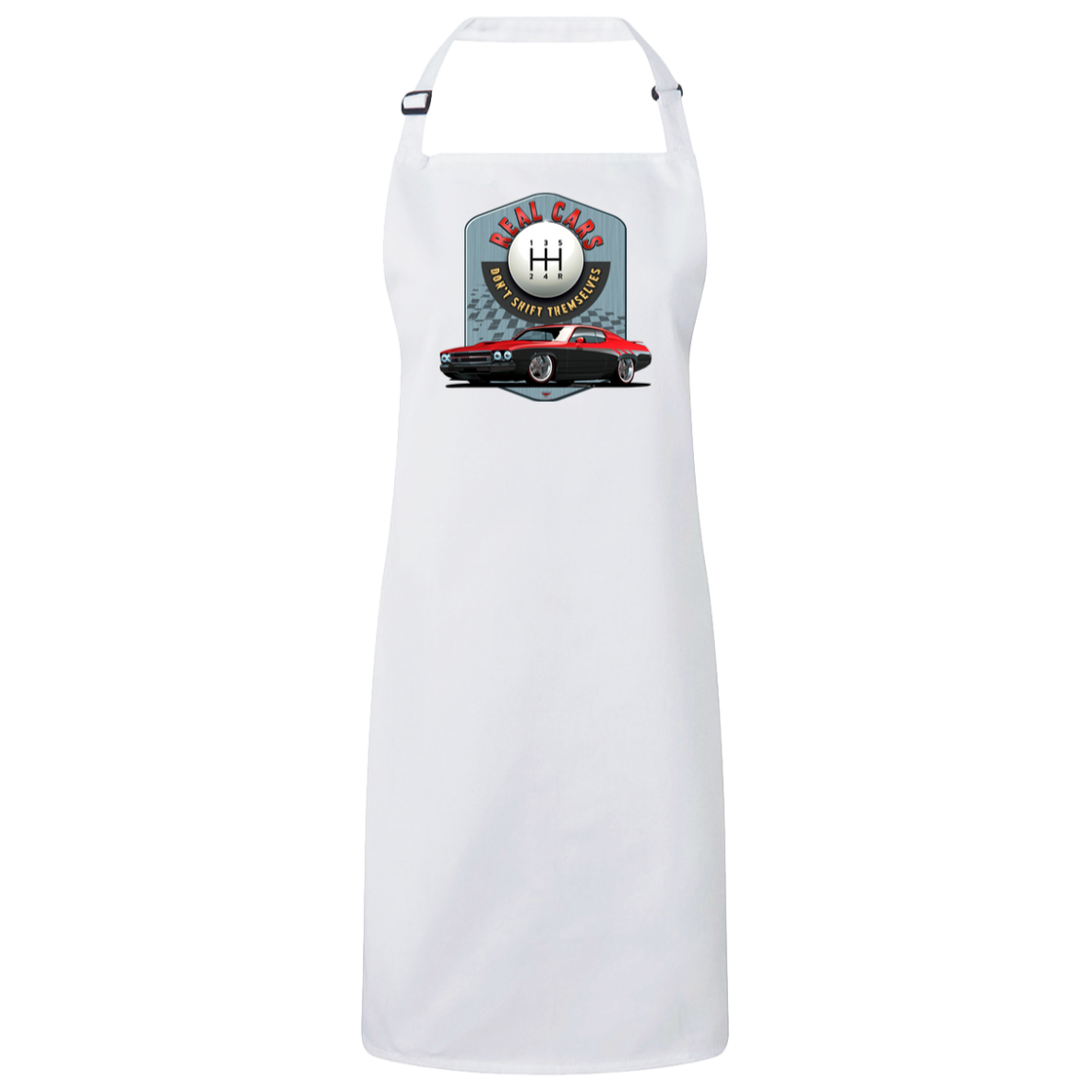 "Real Cars Don't Shift Themselves" ’73 Plymouth Roadrunner Sustainable Unisex Cooking Bib Apron