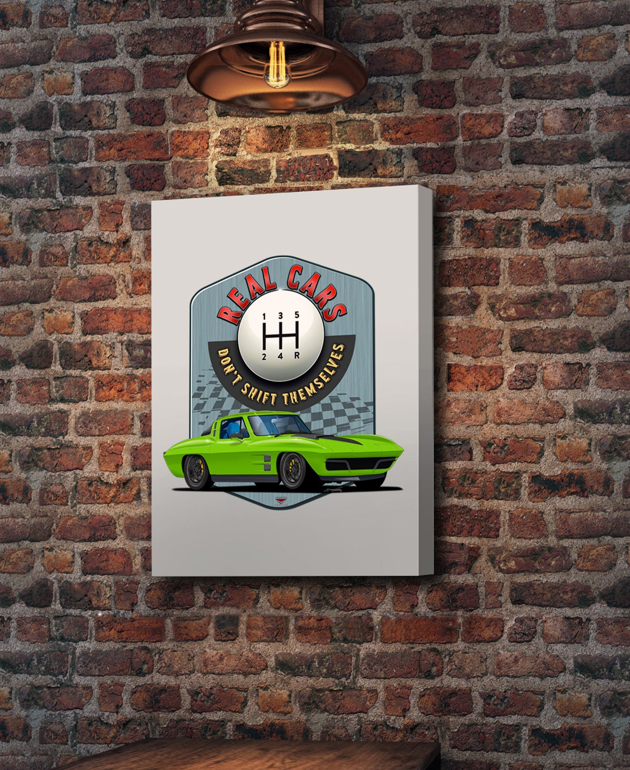 "Real Cars Don't Shift Themselves" ’63 Chevy Corvette Wall Canvas Art, Deluxe Portrait Canvas 1.5in Frame