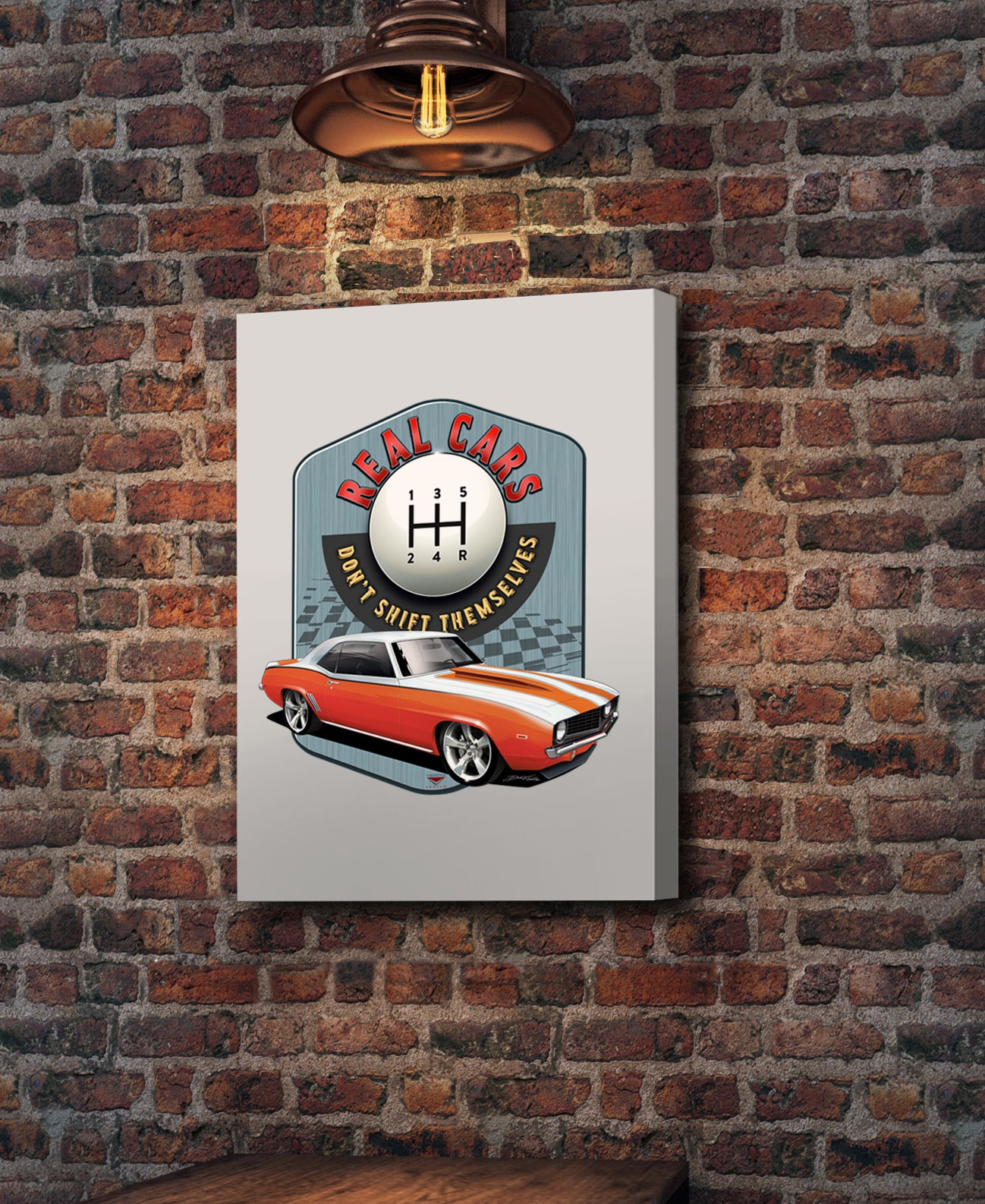 "Real Cars Don't Shift Themselves" ’69 Chevy Camaro Wall Canvas Art, Deluxe Portrait Canvas 1.5in Frame