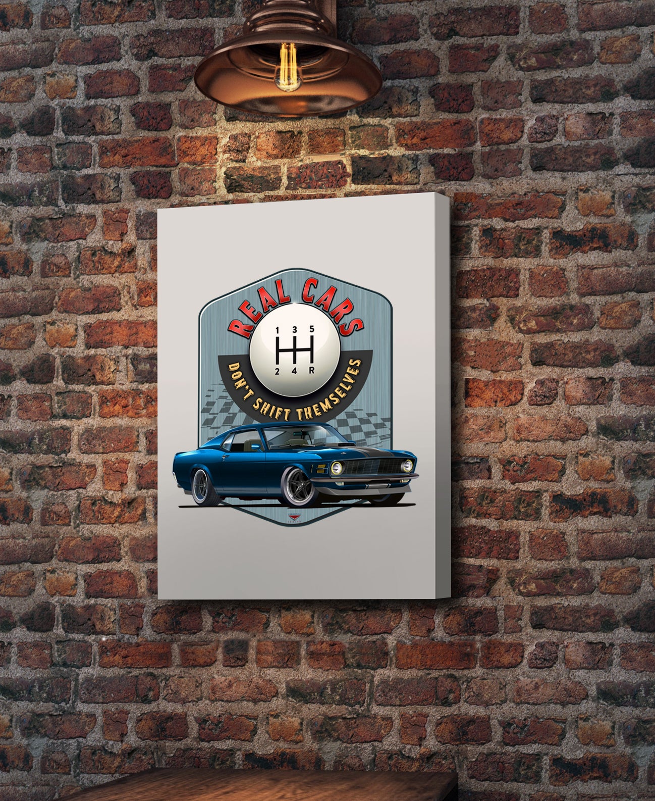 "Real Cars Don't Shift Themselves" ’70 Ford Mustang Wall Canvas Art, Deluxe Portrait Canvas 1.5in Frame