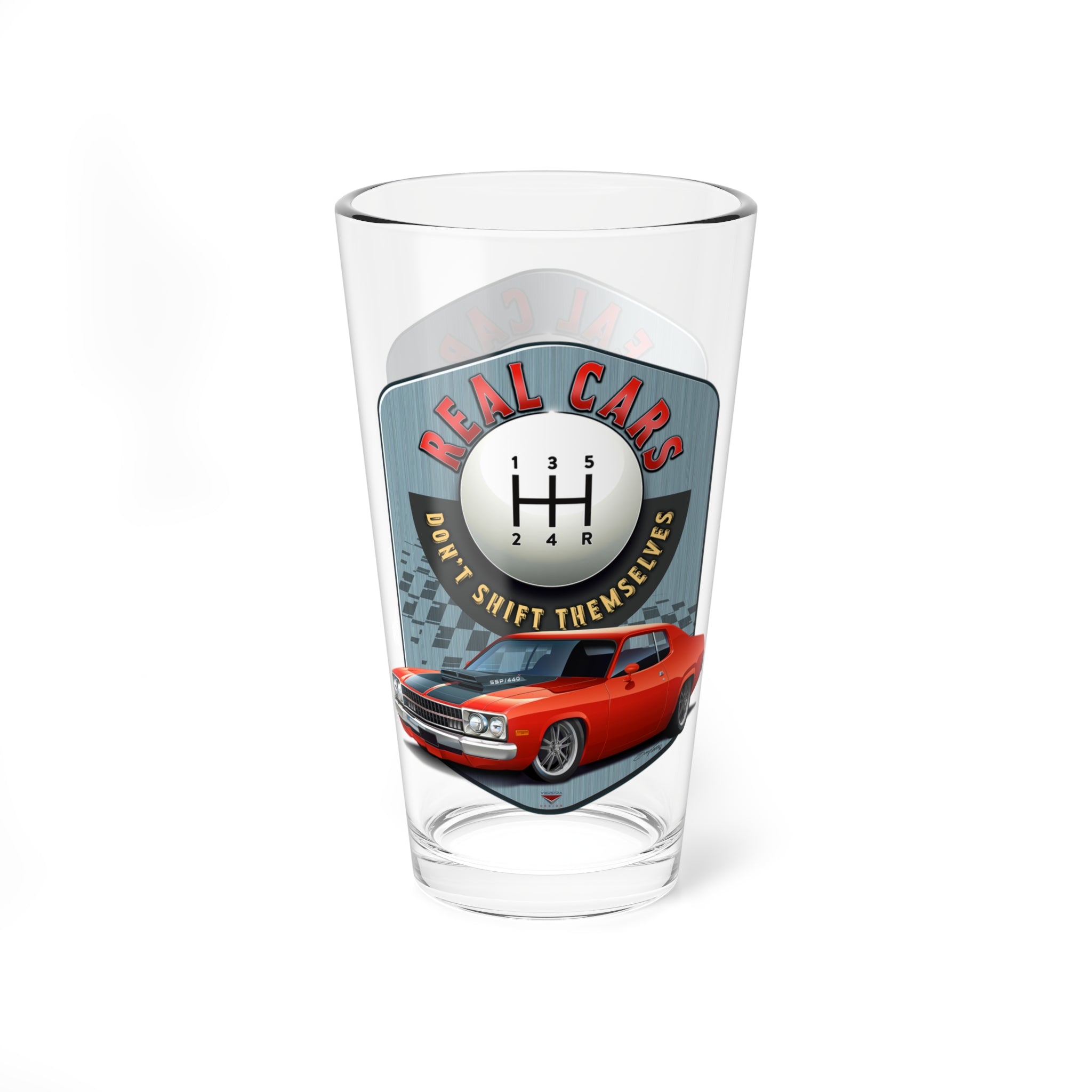 Real Cars Don’t Shift Themselves! ’73 Plymouth Satellite Mixing Glass, 16oz