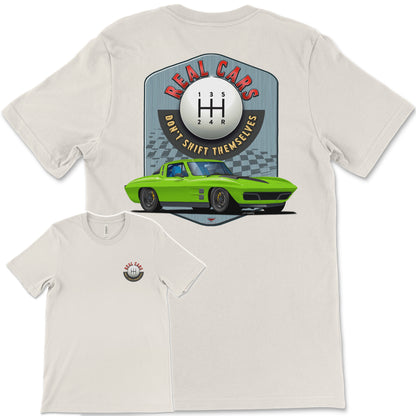 Real Cars Don’t Shift Themselves! '63 Chevy Corvette Bella+Canvas Unisex Short-Sleeve T-Shirt (Back Design)