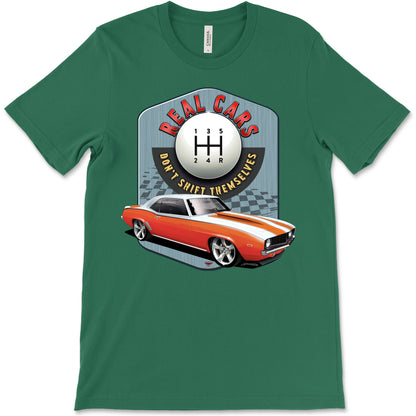 Real Cars Don’t Shift Themselves! '69 Chevy Camaro Bella+Canvas Unisex Short-Sleeve T-Shirt (Front Design)