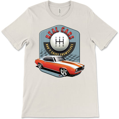 Real Cars Don’t Shift Themselves! '69 Chevy Camaro Bella+Canvas Unisex Short-Sleeve T-Shirt (Front Design)