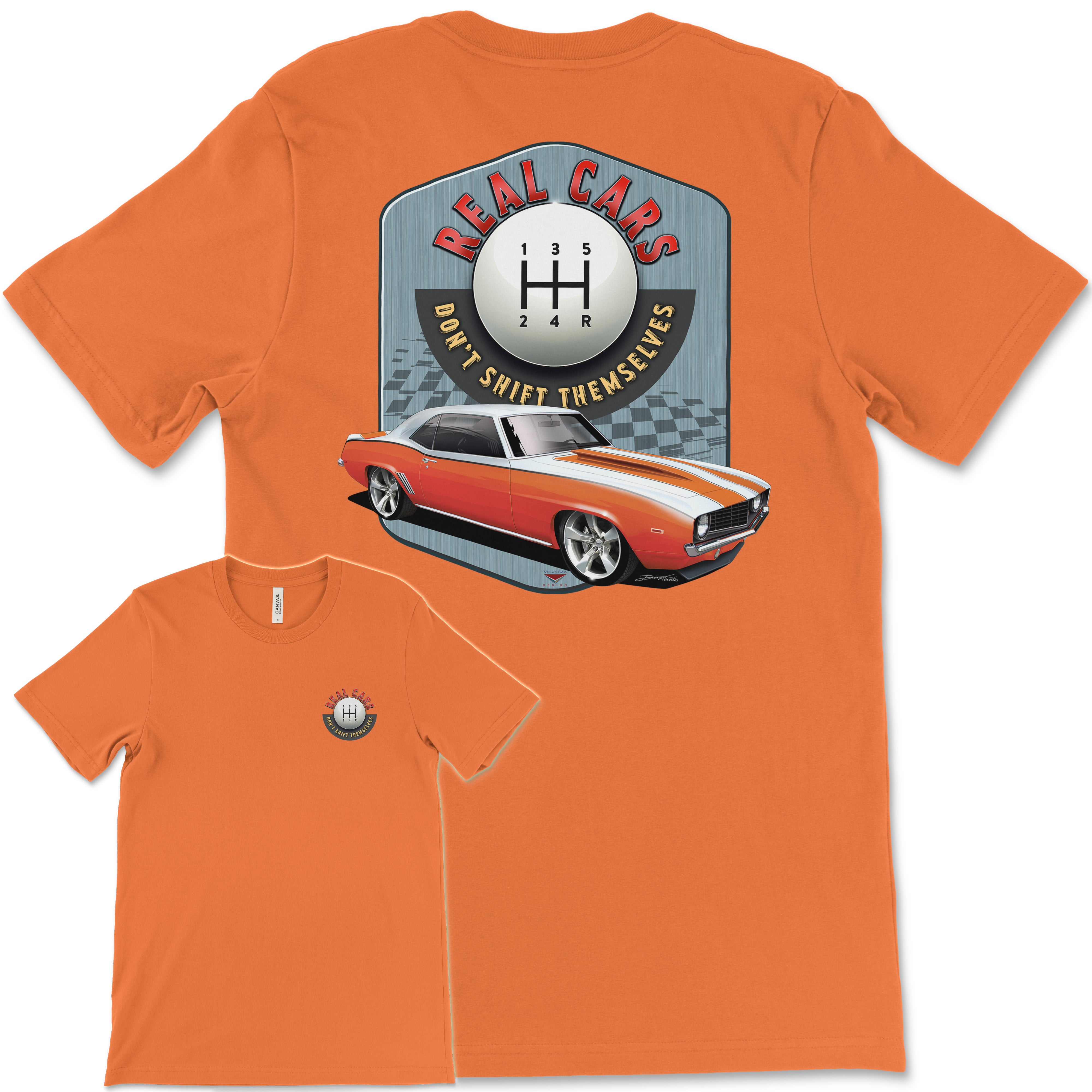 Real Cars Don’t Shift Themselves! '69 Chevy Camaro Bella+Canvas Unisex Short-Sleeve T-Shirt (Back Design)