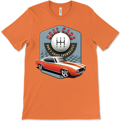 Real Cars Don’t Shift Themselves! '69 Chevy Camaro Bella+Canvas Unisex Short-Sleeve T-Shirt (Front Design)