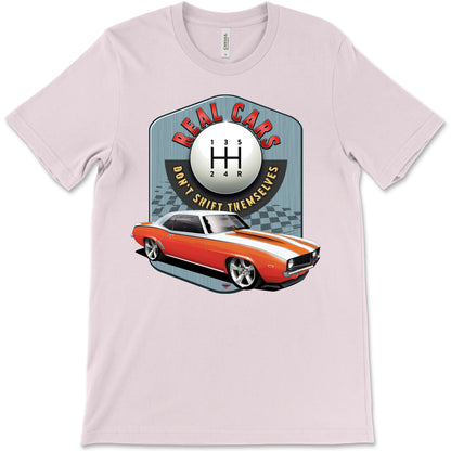 Real Cars Don’t Shift Themselves! '69 Chevy Camaro Bella+Canvas Unisex Short-Sleeve T-Shirt (Front Design)