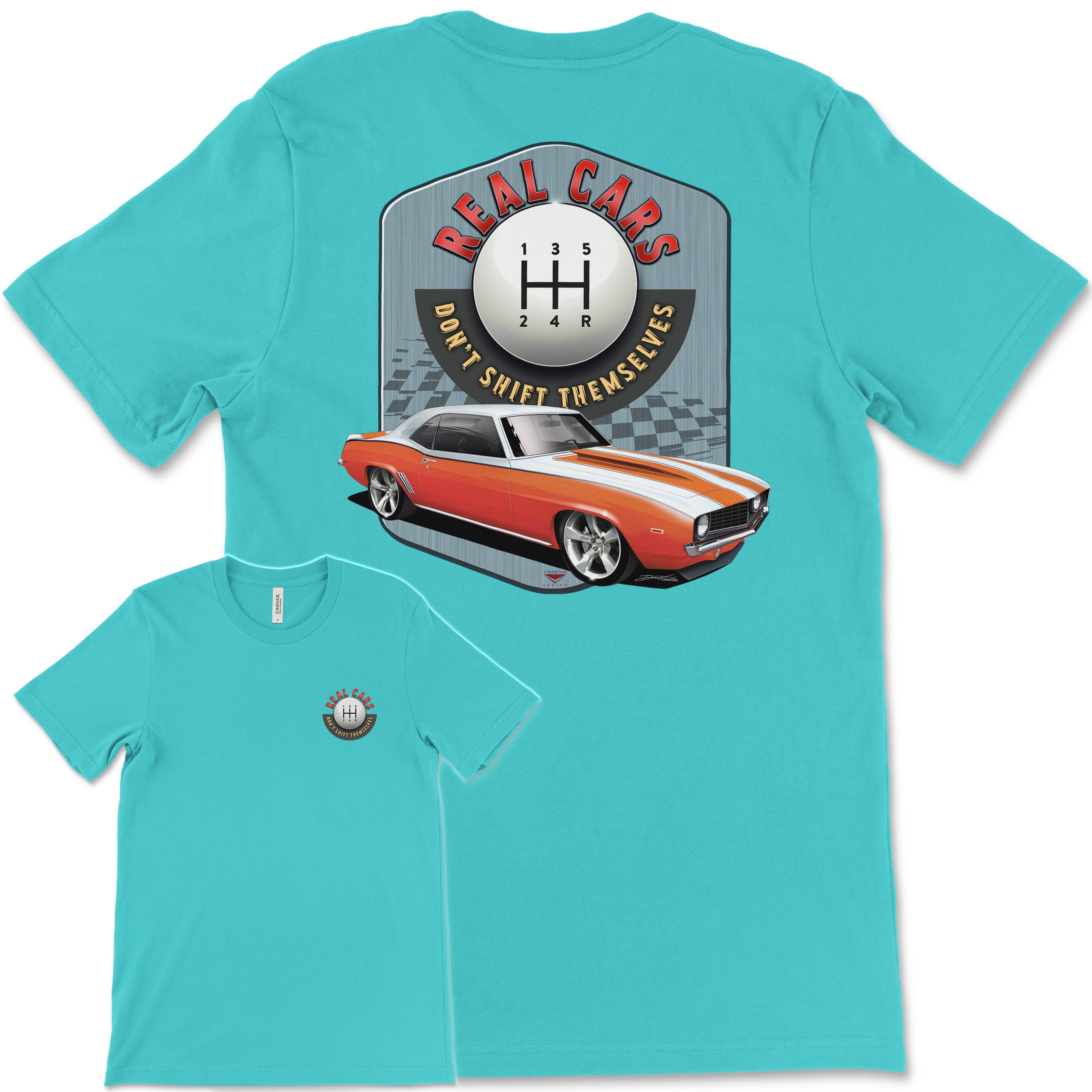 Real Cars Don’t Shift Themselves! '69 Chevy Camaro Bella+Canvas Unisex Short-Sleeve T-Shirt (Back Design)