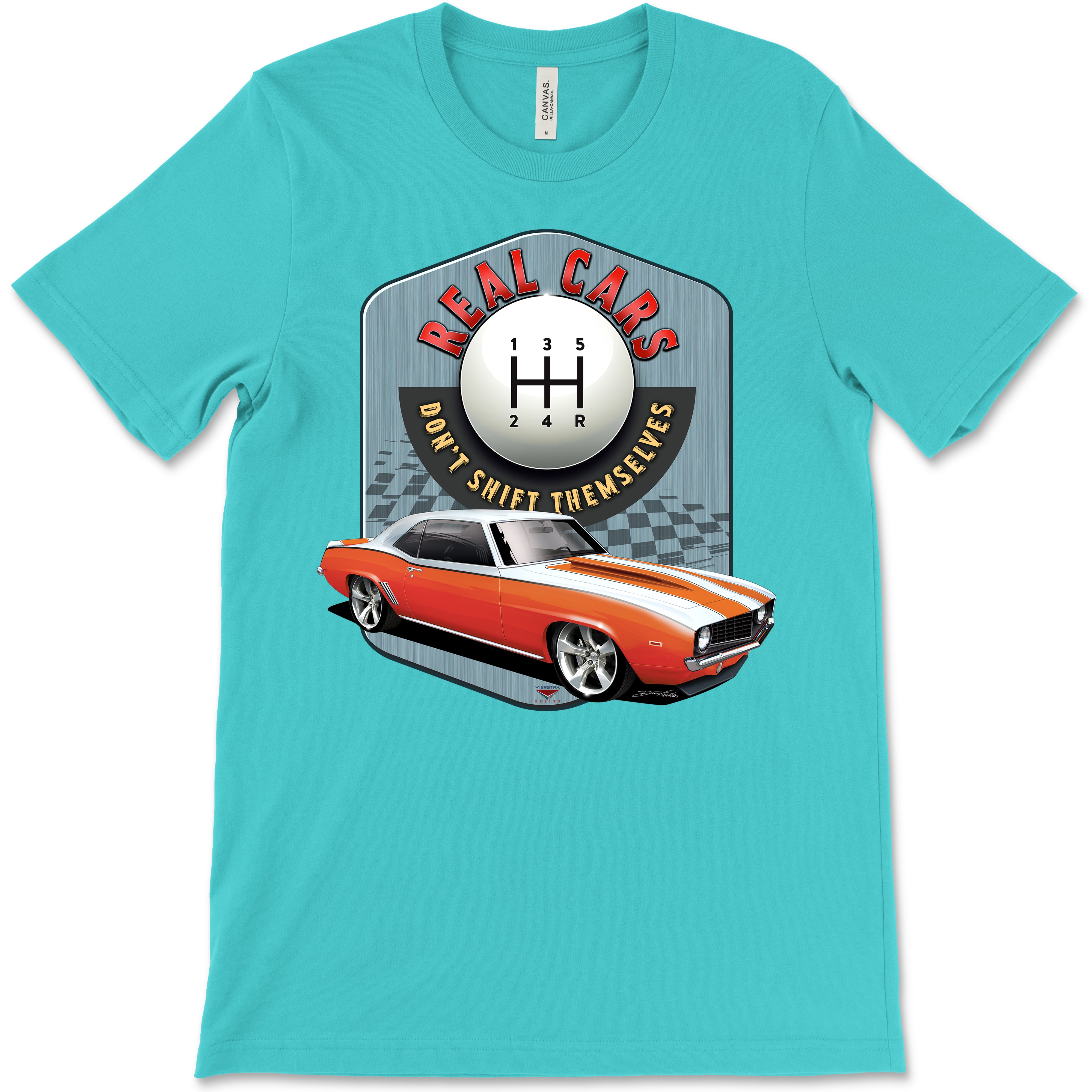 Real Cars Don’t Shift Themselves! '69 Chevy Camaro Bella+Canvas Unisex Short-Sleeve T-Shirt (Front Design)