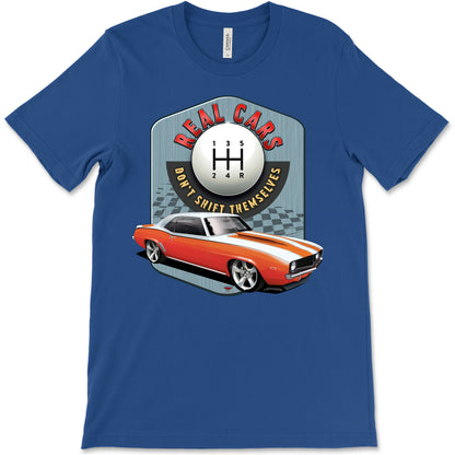 Real Cars Don’t Shift Themselves! '69 Chevy Camaro Bella+Canvas Unisex Short-Sleeve T-Shirt (Front Design)