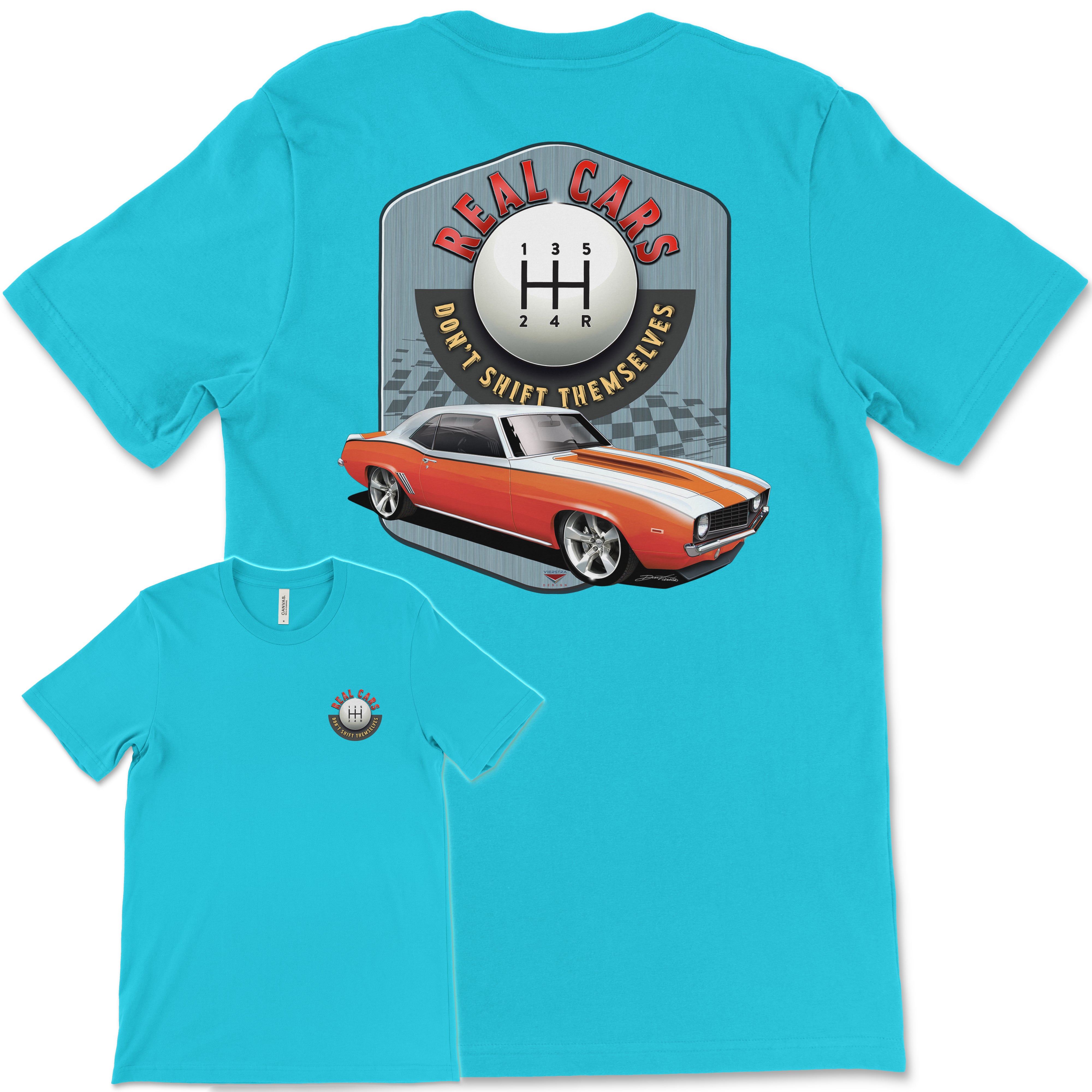 Real Cars Don’t Shift Themselves! '69 Chevy Camaro Bella+Canvas Unisex Short-Sleeve T-Shirt (Back Design)