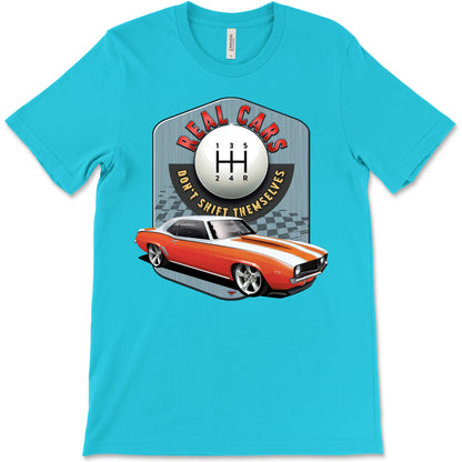 Real Cars Don’t Shift Themselves! '69 Chevy Camaro Bella+Canvas Unisex Short-Sleeve T-Shirt (Front Design)