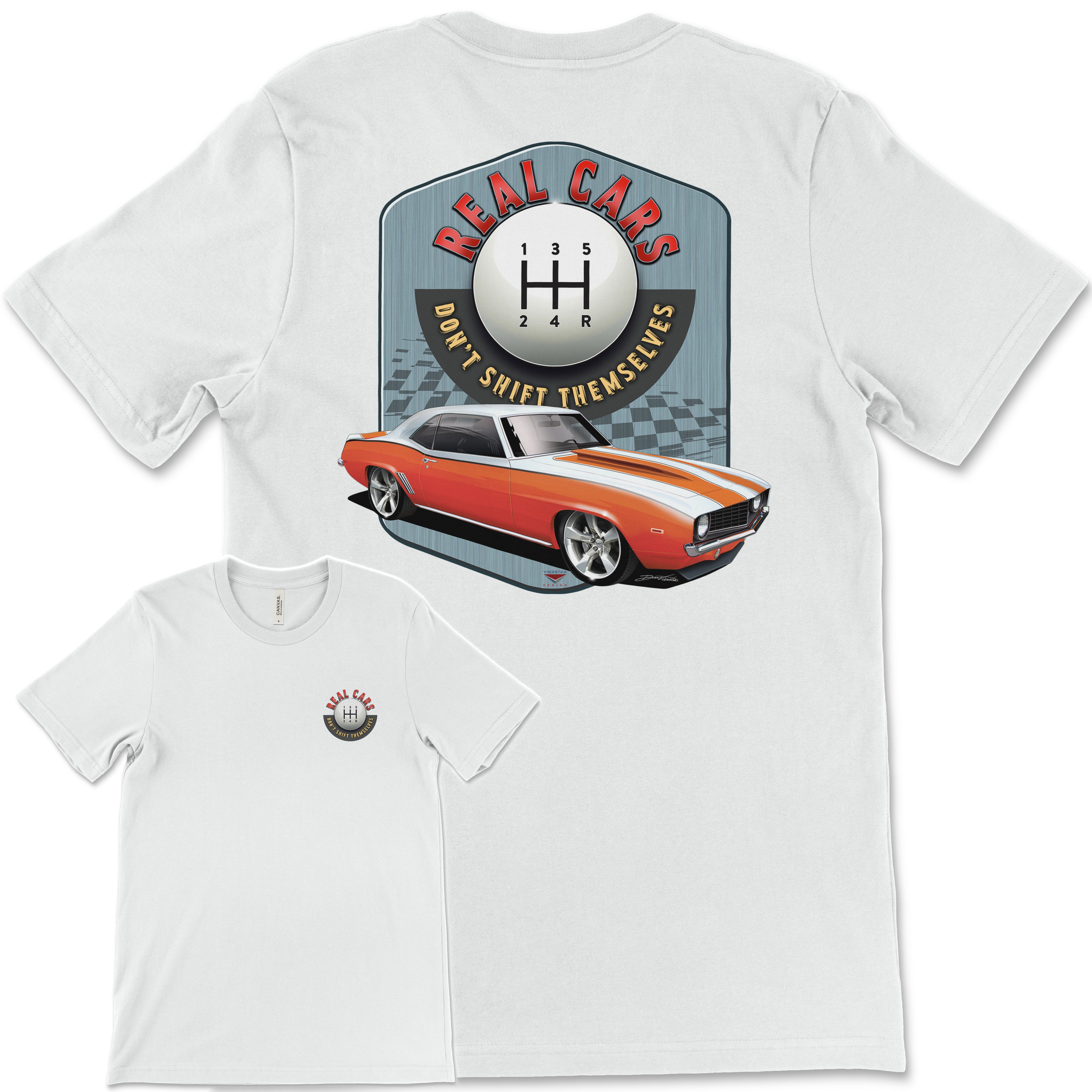 Real Cars Don’t Shift Themselves! '69 Chevy Camaro Bella+Canvas Unisex Short-Sleeve T-Shirt (Back Design)