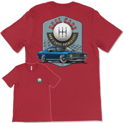 Real Cars Don’t Shift Themselves! '70 Ford Mustang Bella+Canvas Unisex Short-Sleeve T-Shirt (Back Design)