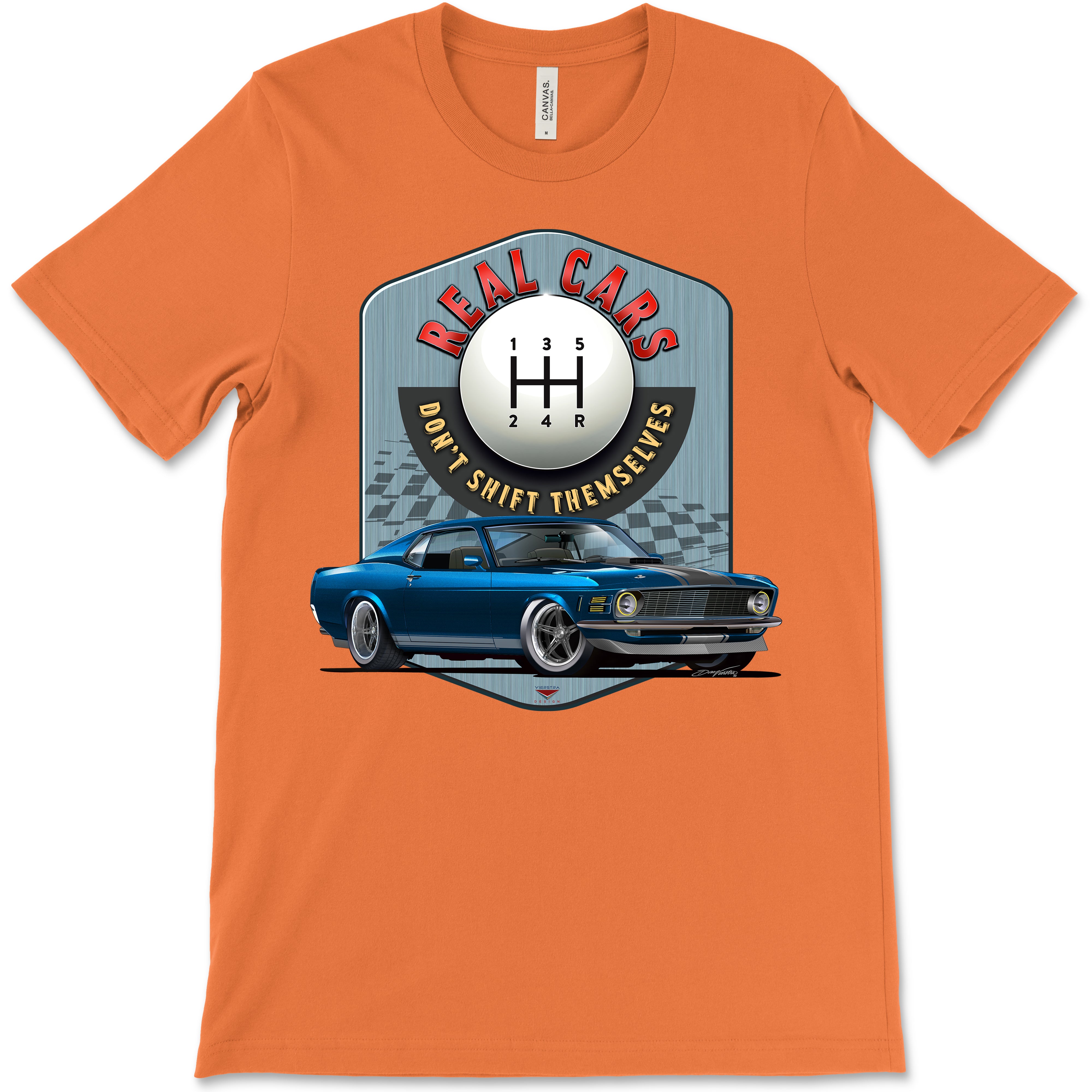 Real Cars Don’t Shift Themselves! '70 Ford Mustang Bella+Canvas Unisex Short-Sleeve T-Shirt (Front Design)