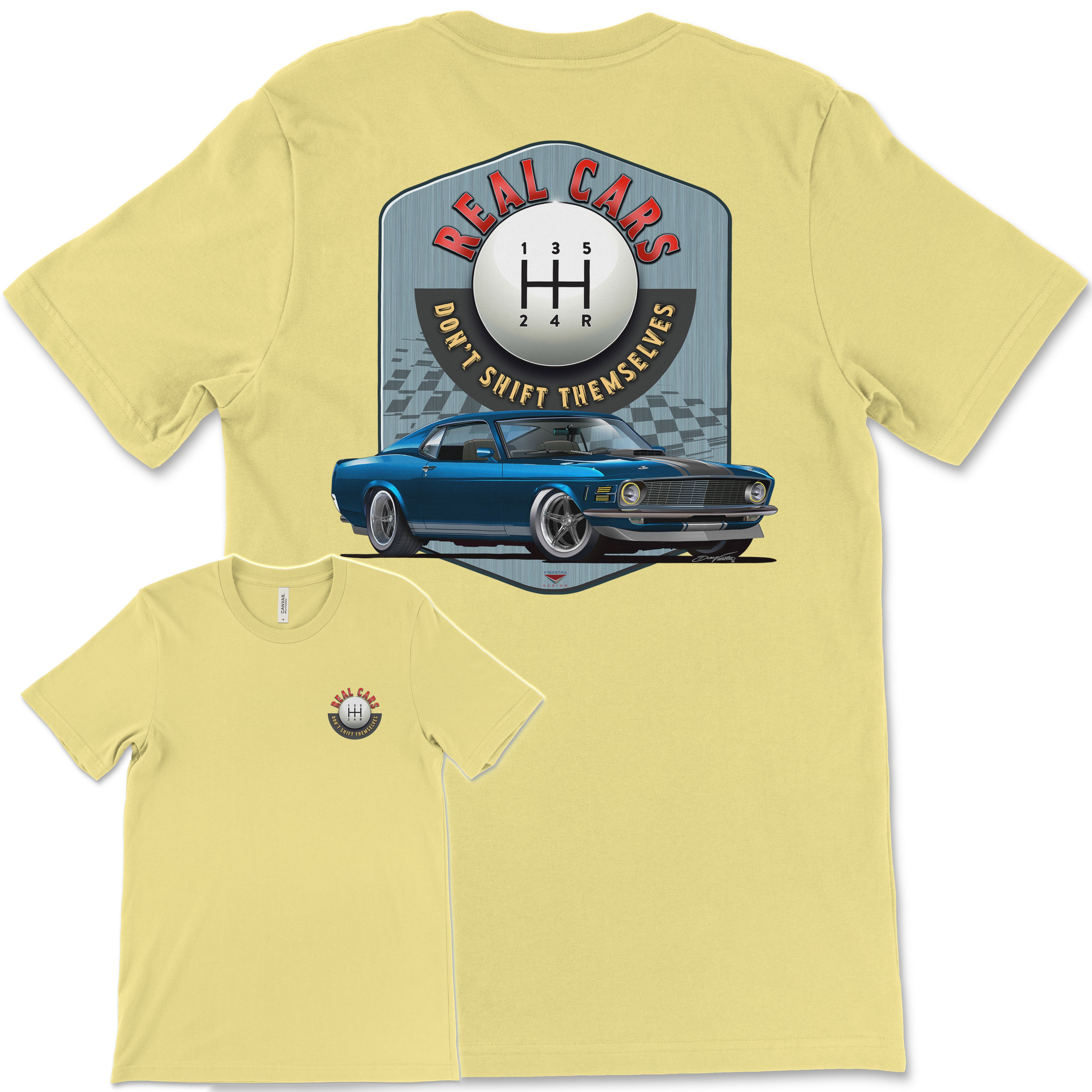 Real Cars Don’t Shift Themselves! '70 Ford Mustang Bella+Canvas Unisex Short-Sleeve T-Shirt (Back Design)