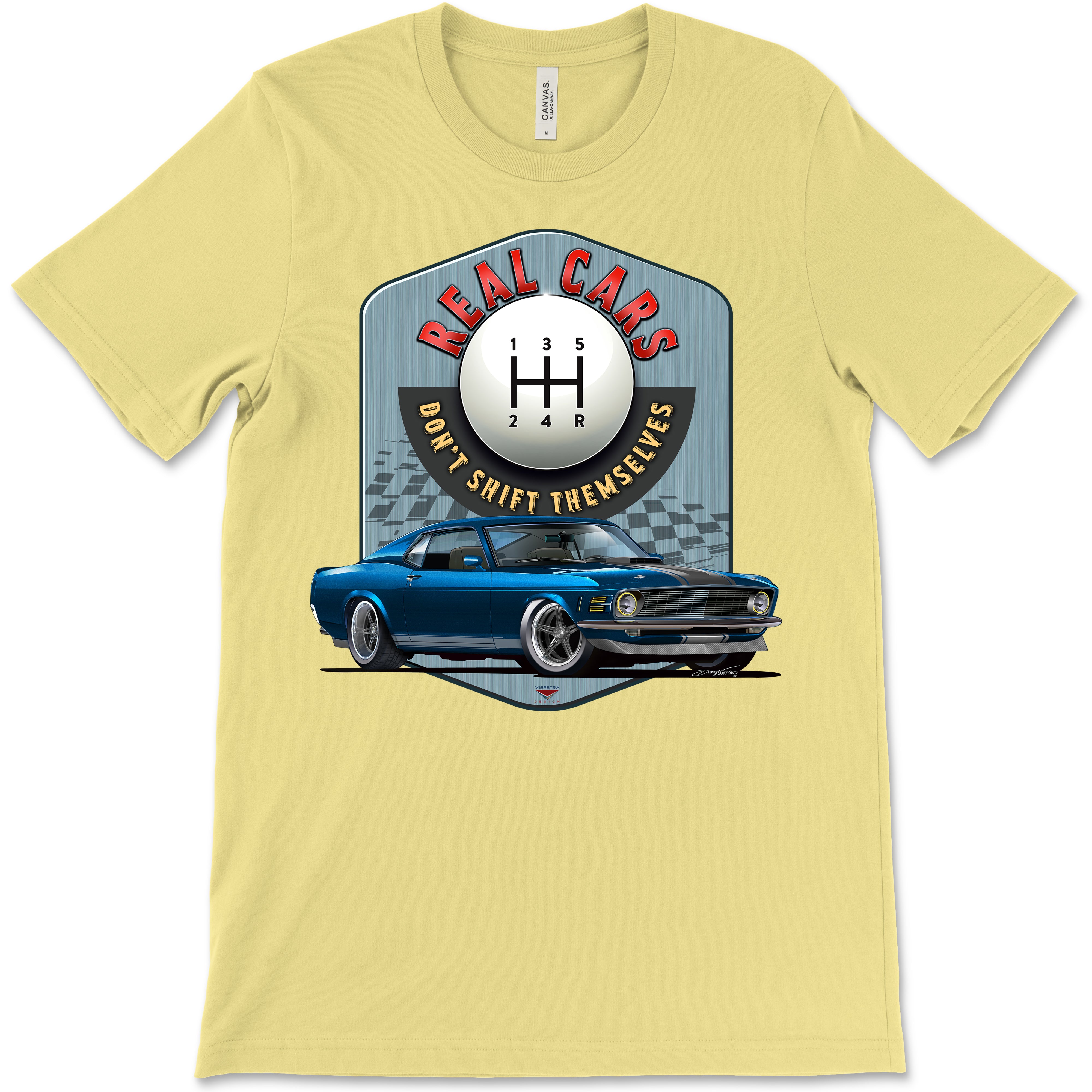 Real Cars Don’t Shift Themselves! '70 Ford Mustang Bella+Canvas Unisex Short-Sleeve T-Shirt (Front Design)