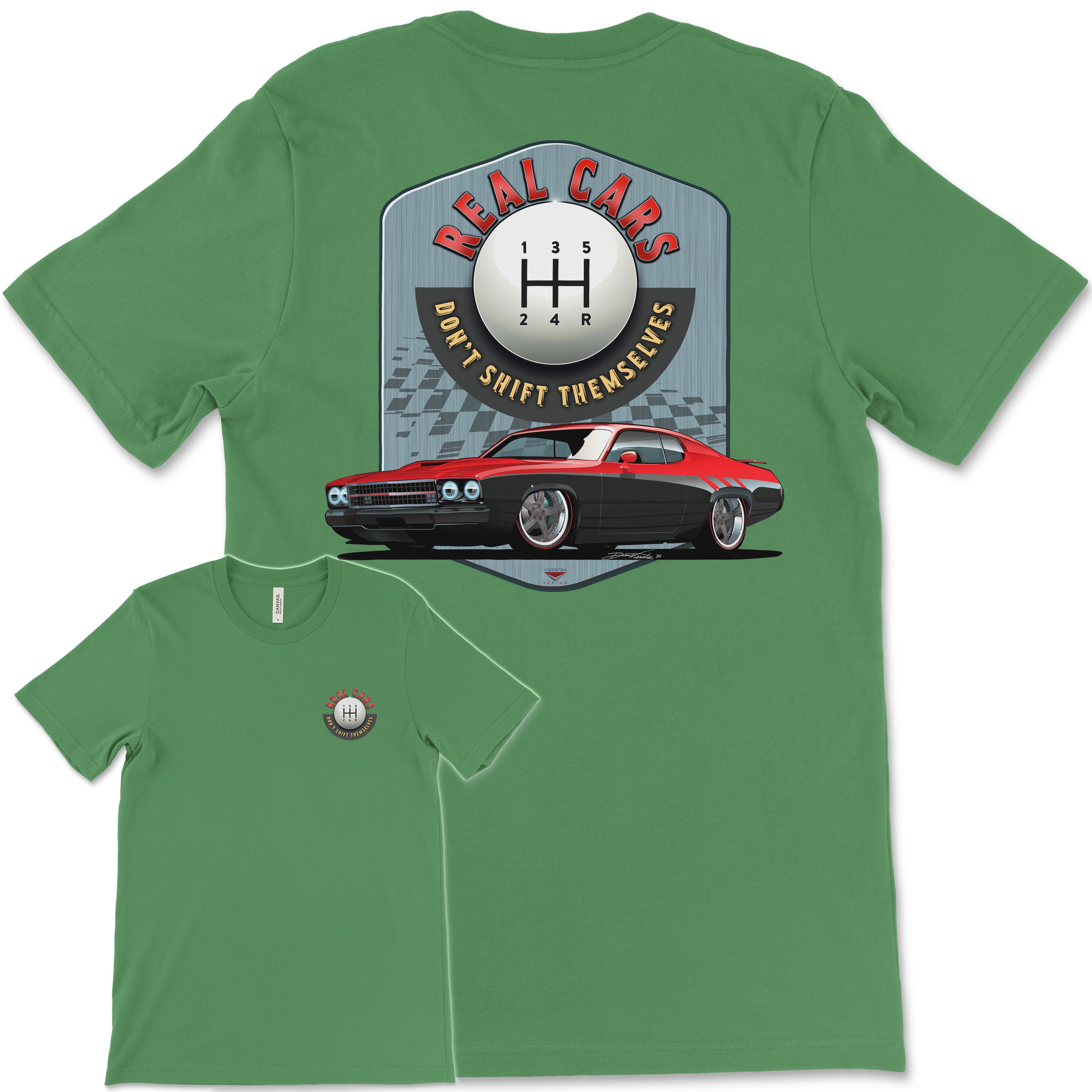 Real Cars Don’t Shift Themselves! '73 Plymouth Roadrunner Bella+Canvas Unisex Short-Sleeve T-Shirt (Back Design)