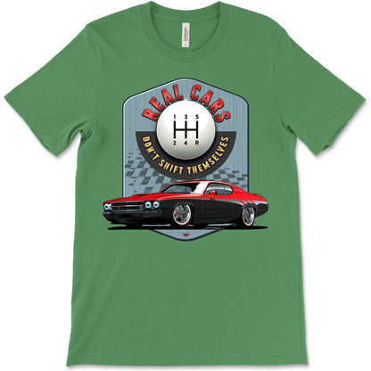 Real Cars Don’t Shift Themselves! '73 Plymouth Roadrunner Bella+Canvas Unisex Short-Sleeve T-Shirt (Front Design)