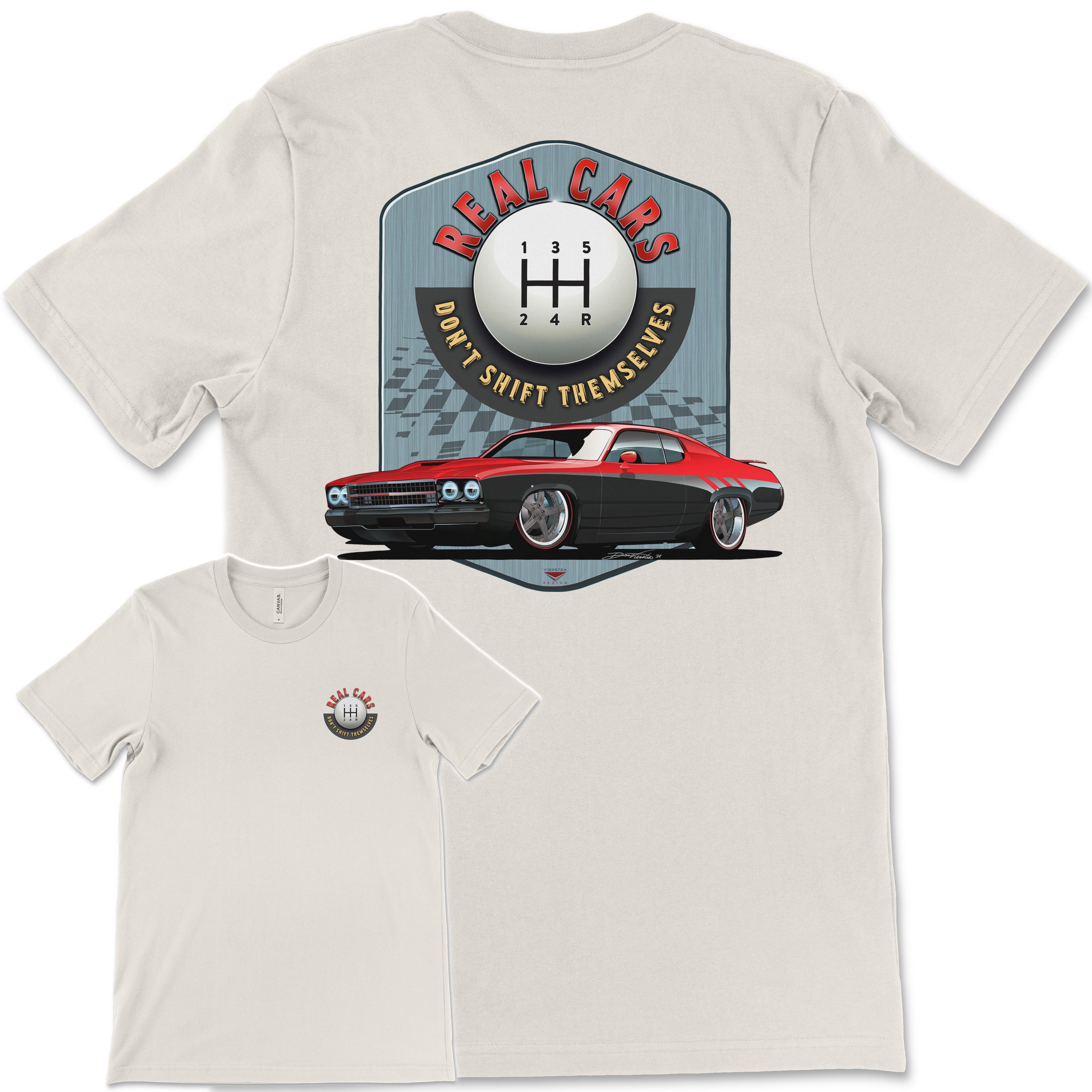 Real Cars Don’t Shift Themselves! '73 Plymouth Roadrunner Bella+Canvas Unisex Short-Sleeve T-Shirt (Back Design)