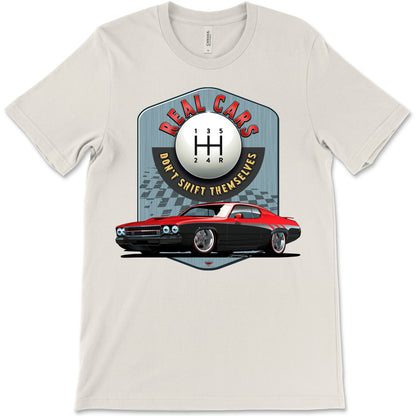 Real Cars Don’t Shift Themselves! '73 Plymouth Roadrunner Bella+Canvas Unisex Short-Sleeve T-Shirt (Front Design)