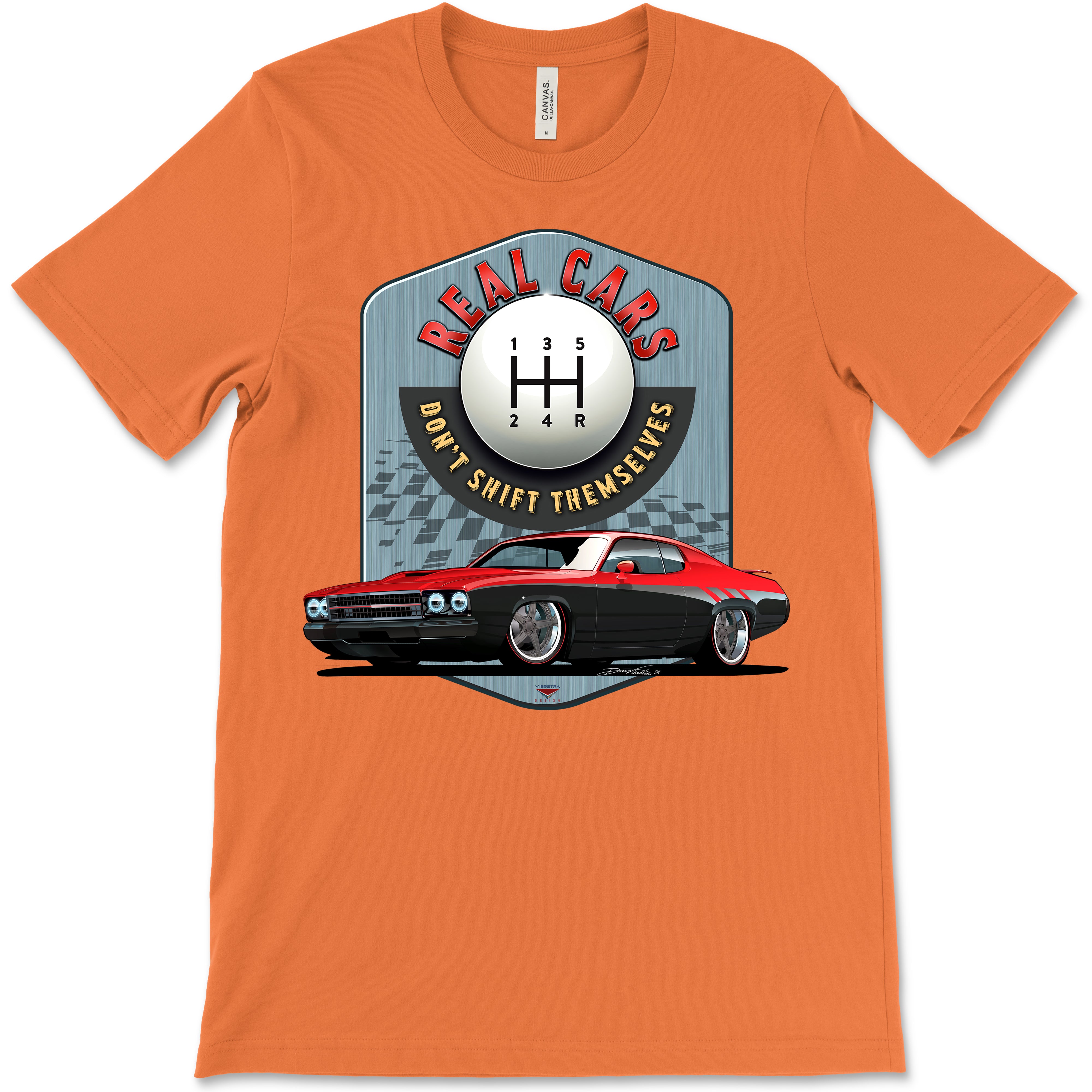 Real Cars Don’t Shift Themselves! '73 Plymouth Roadrunner Bella+Canvas Unisex Short-Sleeve T-Shirt (Front Design)