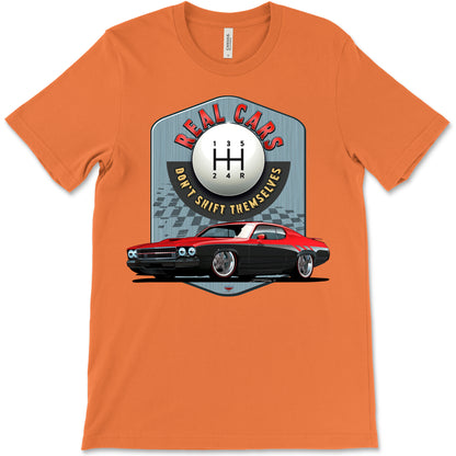 Real Cars Don’t Shift Themselves! '73 Plymouth Roadrunner Bella+Canvas Unisex Short-Sleeve T-Shirt (Front Design)