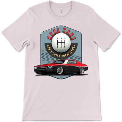 Real Cars Don’t Shift Themselves! '73 Plymouth Roadrunner Bella+Canvas Unisex Short-Sleeve T-Shirt (Front Design)