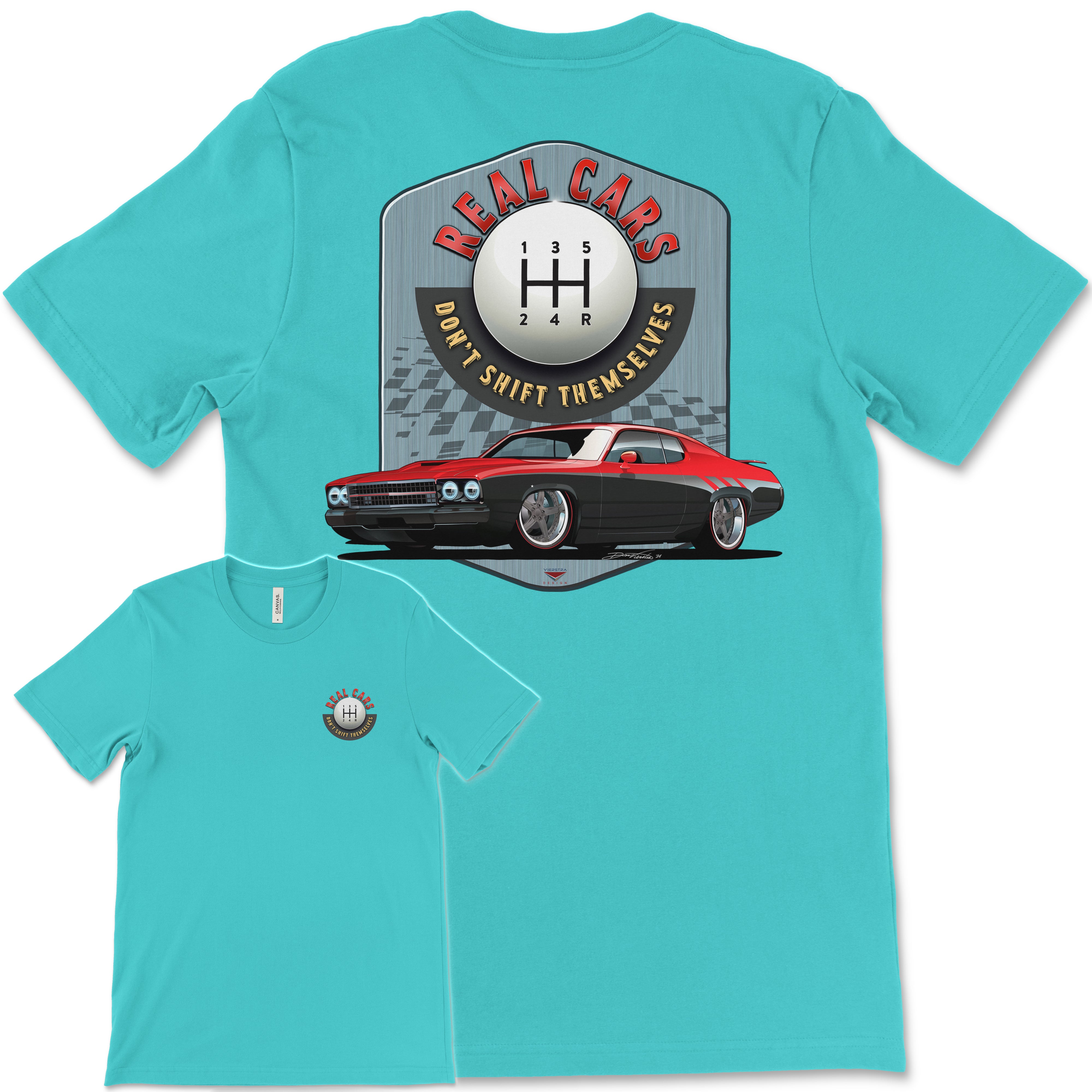 Real Cars Don’t Shift Themselves! '73 Plymouth Roadrunner Bella+Canvas Unisex Short-Sleeve T-Shirt (Back Design)