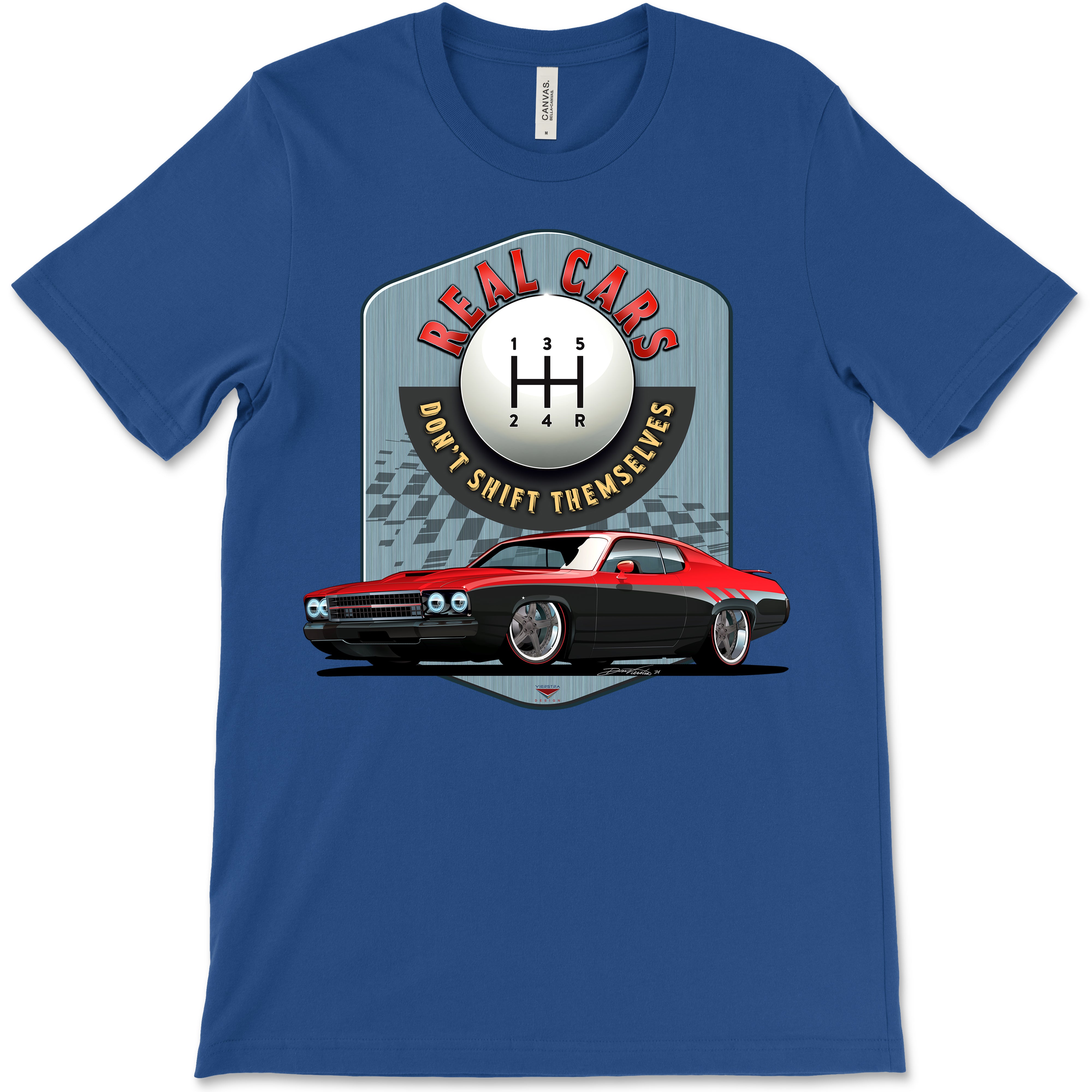 Real Cars Don’t Shift Themselves! '73 Plymouth Roadrunner Bella+Canvas Unisex Short-Sleeve T-Shirt (Front Design)