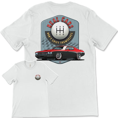 Real Cars Don’t Shift Themselves! '73 Plymouth Roadrunner Bella+Canvas Unisex Short-Sleeve T-Shirt (Back Design)