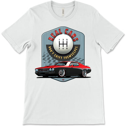 Real Cars Don’t Shift Themselves! '73 Plymouth Roadrunner Bella+Canvas Unisex Short-Sleeve T-Shirt (Front Design)