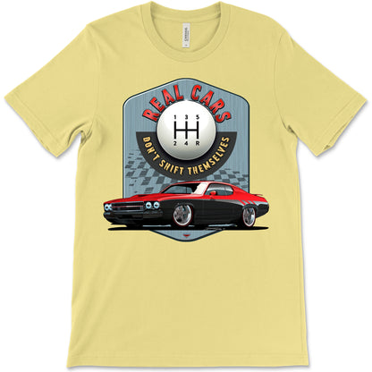 Real Cars Don’t Shift Themselves! '73 Plymouth Roadrunner Bella+Canvas Unisex Short-Sleeve T-Shirt (Front Design)