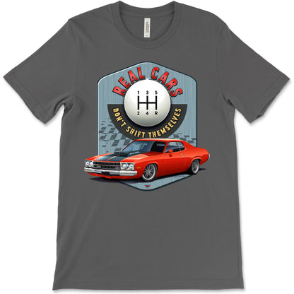 Real Cars Don’t Shift Themselves! '73 Plymouth Satellite Bella+Canvas Unisex Short-Sleeve T-Shirt (Front Design)