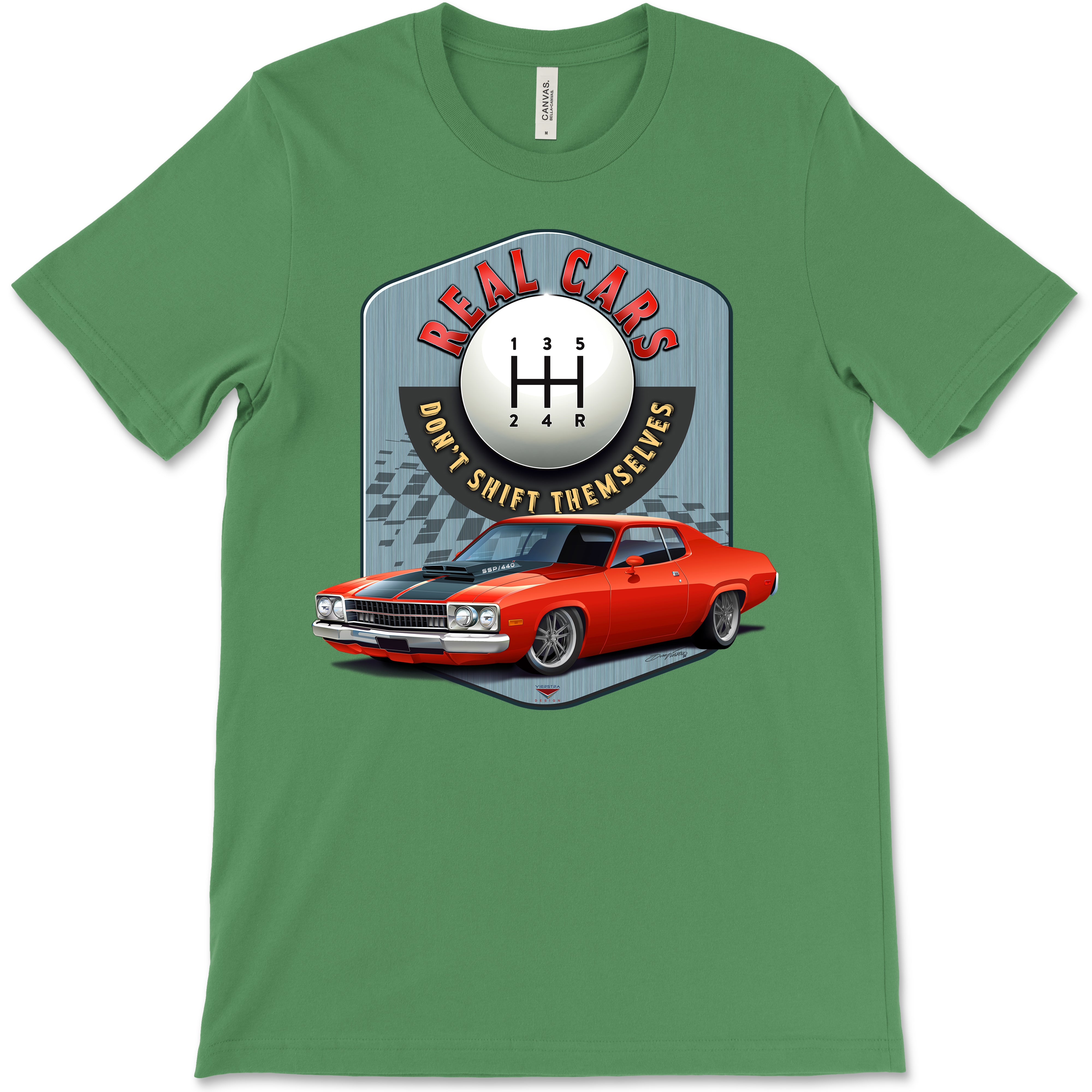 Real Cars Don’t Shift Themselves! '73 Plymouth Satellite Bella+Canvas Unisex Short-Sleeve T-Shirt (Front Design)