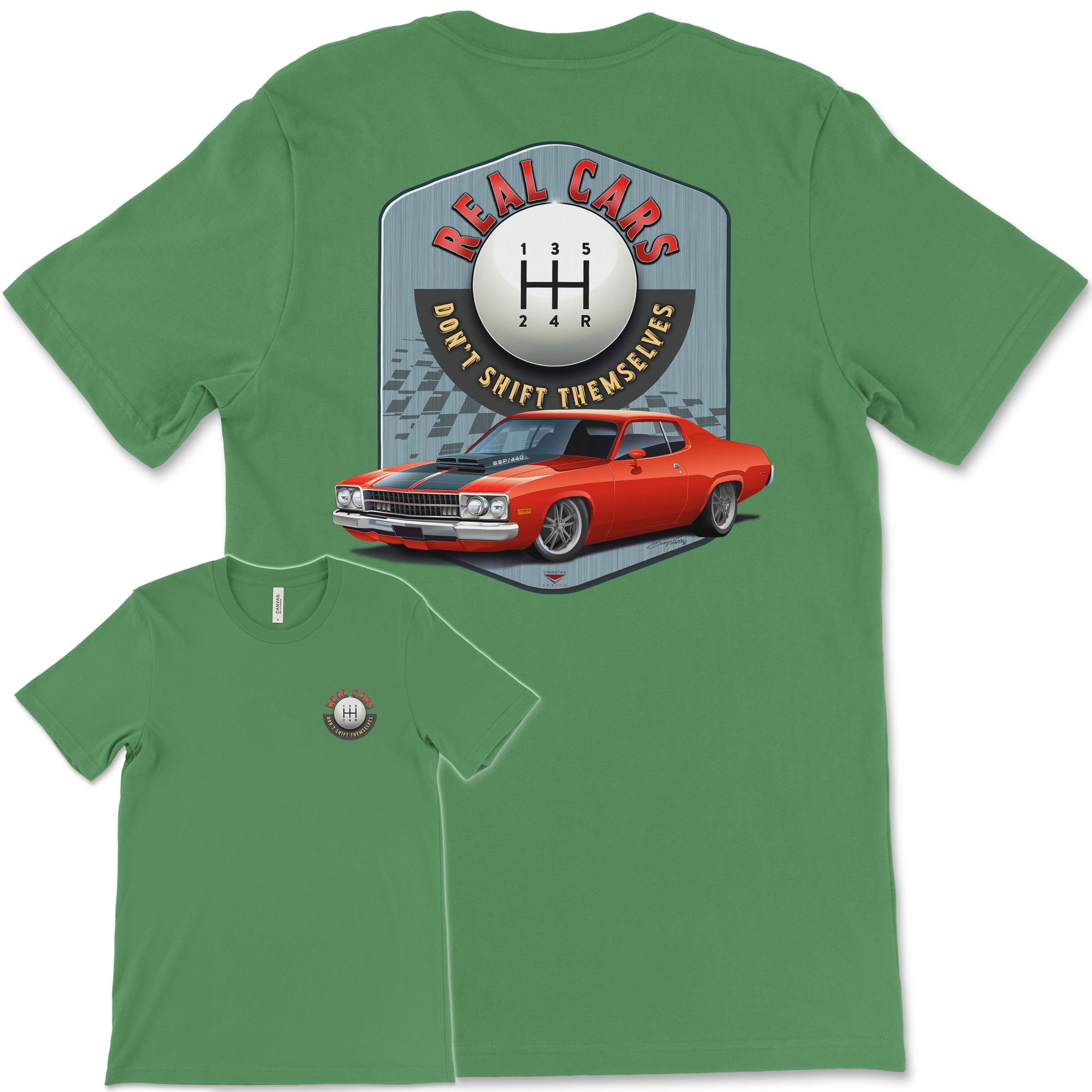 Real Cars Don’t Shift Themselves! '73 Plymouth Satellite Bella+Canvas Unisex Short-Sleeve T-Shirt (Back Design)