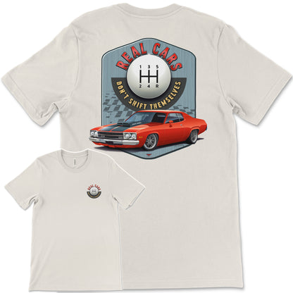 Real Cars Don’t Shift Themselves! '73 Plymouth Satellite Bella+Canvas Unisex Short-Sleeve T-Shirt (Back Design)