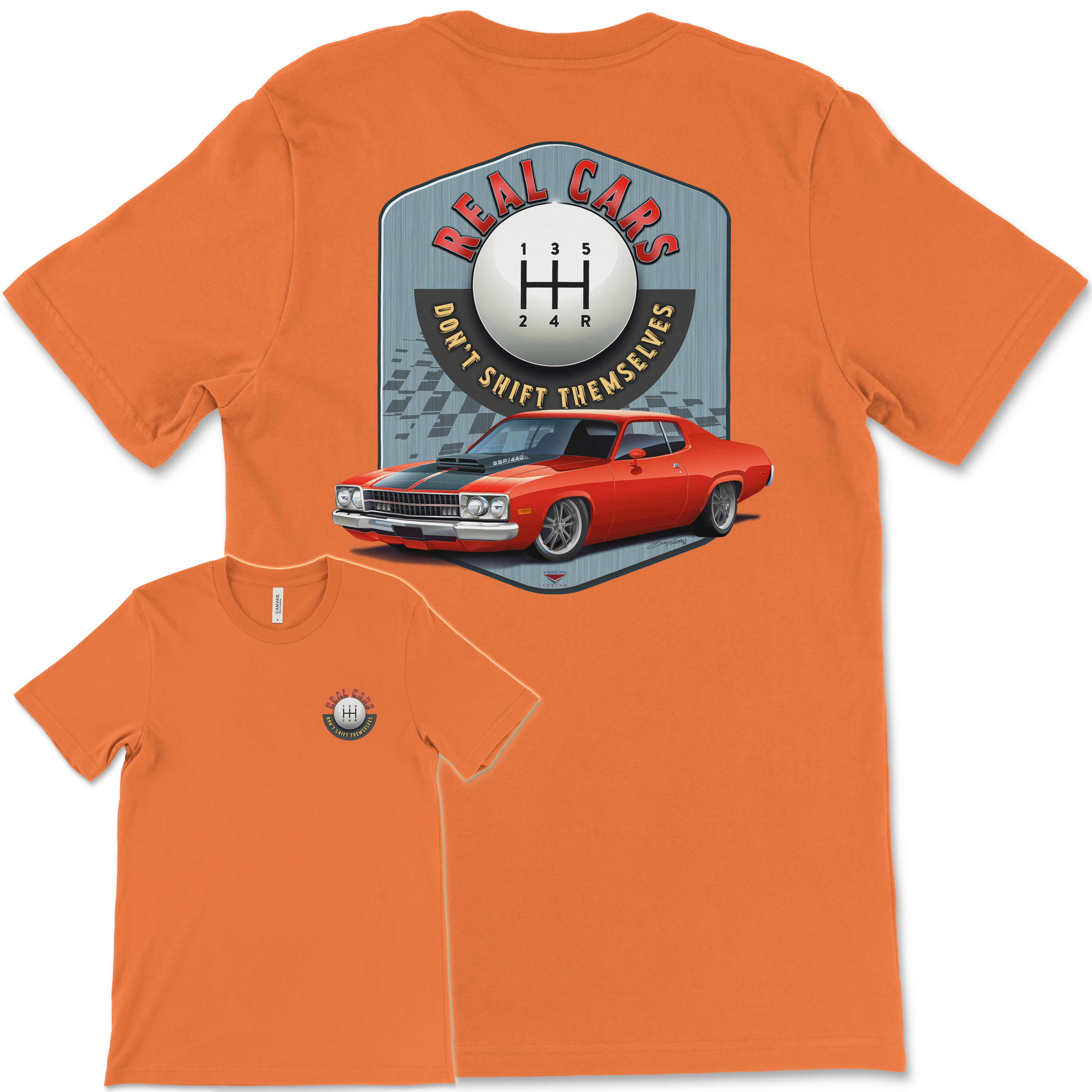 Real Cars Don’t Shift Themselves! '73 Plymouth Satellite Bella+Canvas Unisex Short-Sleeve T-Shirt (Back Design)