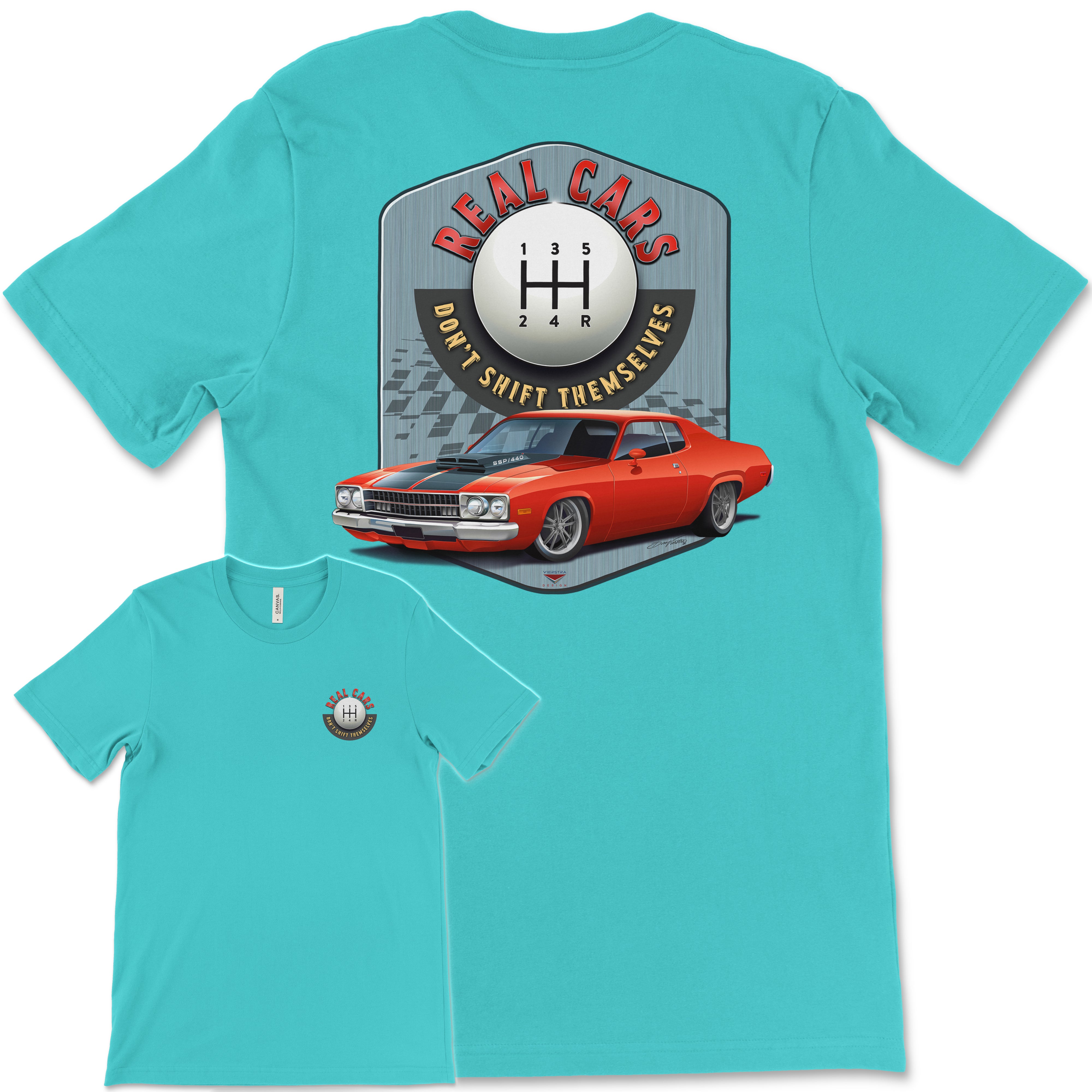 Real Cars Don’t Shift Themselves! '73 Plymouth Satellite Bella+Canvas Unisex Short-Sleeve T-Shirt (Back Design)